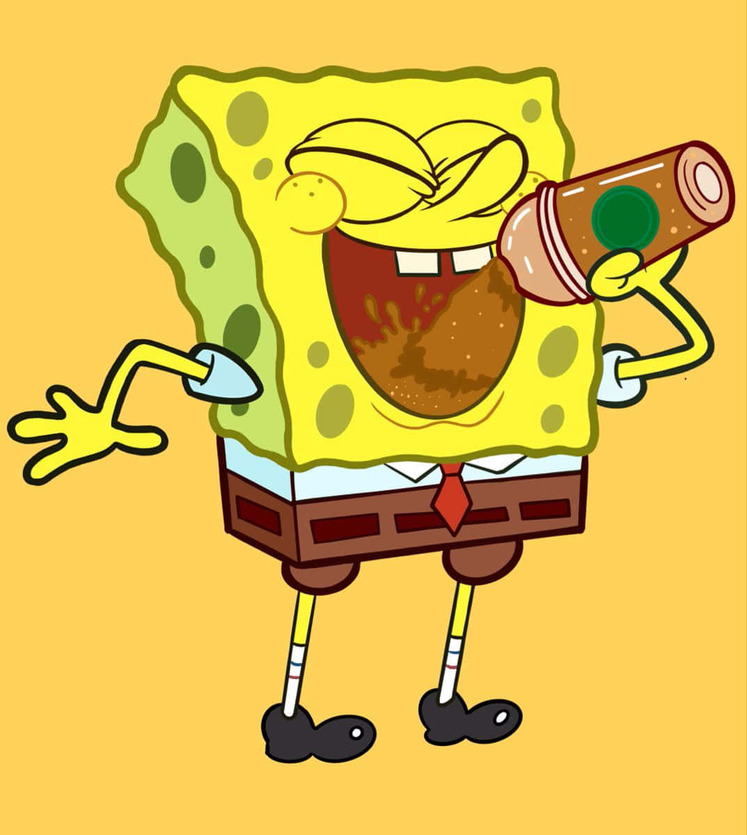 Ugly Spongebob 桌布 壁紙 — 海綿寶寶在純黃色背景前，開心從咖啡杯喝咖啡，露出燦爛笑容。