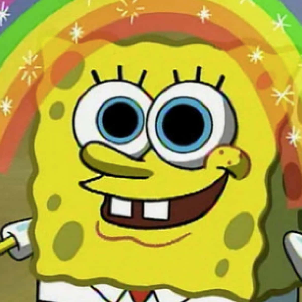 Ugly Spongebob 桌布 壁紙 — 海綿寶寶在色彩繽紛的彩虹下露出燦爛的笑容，伴隨著閃爍的星星。