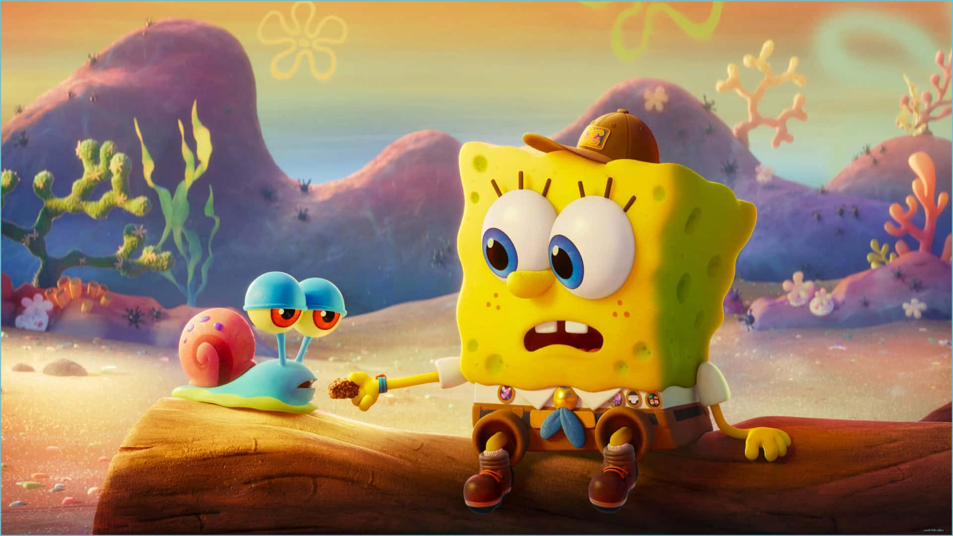 Aesthetic Spongebob 桌布 壁紙 — 海綿寶寶在色彩繽紛的海底場景中，在蝸牛小蝸附近拿著麵包屑，看起來很驚訝。