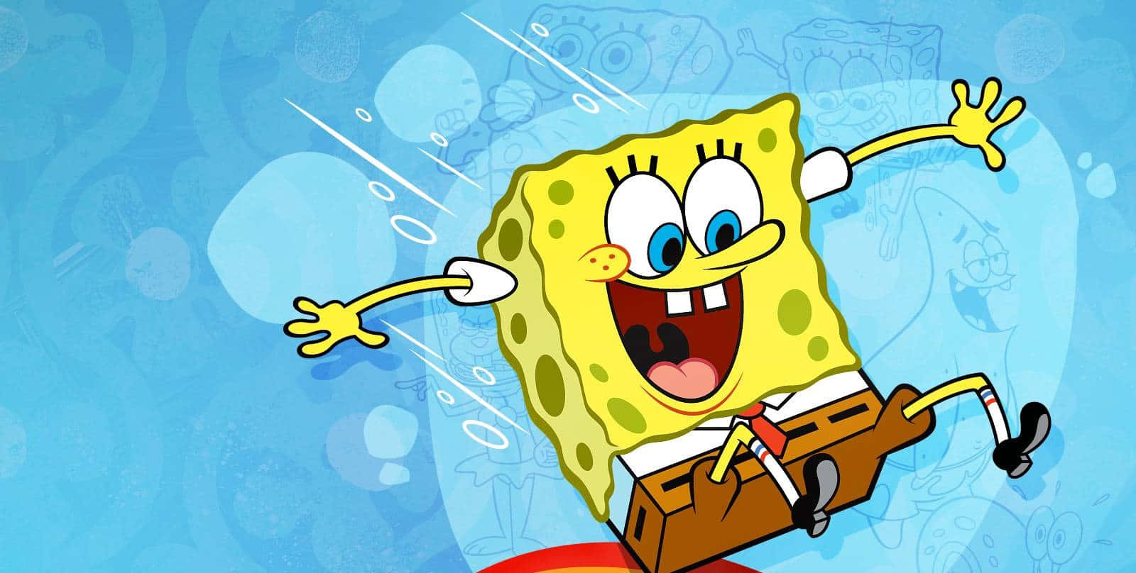Spongebob Face 桌布 壁紙 — 海綿寶寶在藍色水中快樂地飛馳，身後留下氣泡的卡通動畫。