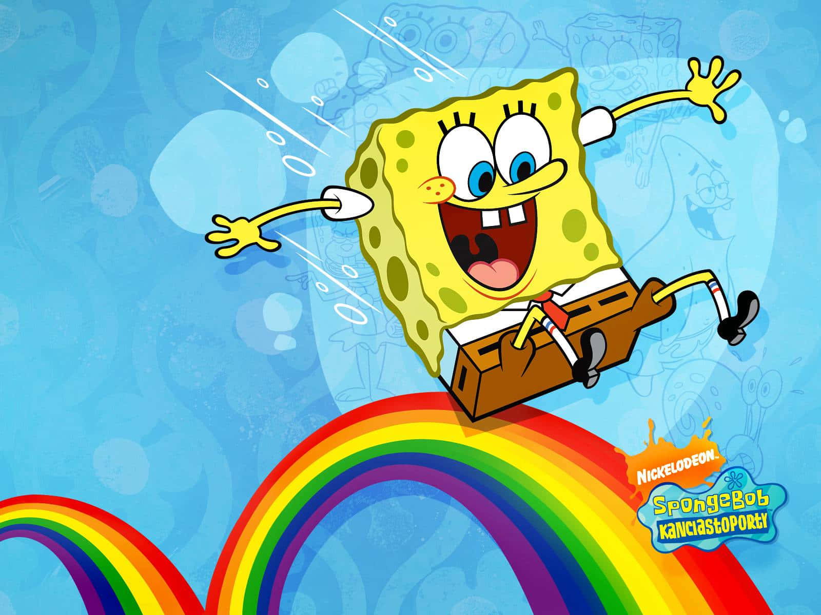 spongebob squarepants 桌布 壁紙 — 海綿寶寶在藍色泡泡背景上，開心地騎著一條色彩繽紛的彩虹。