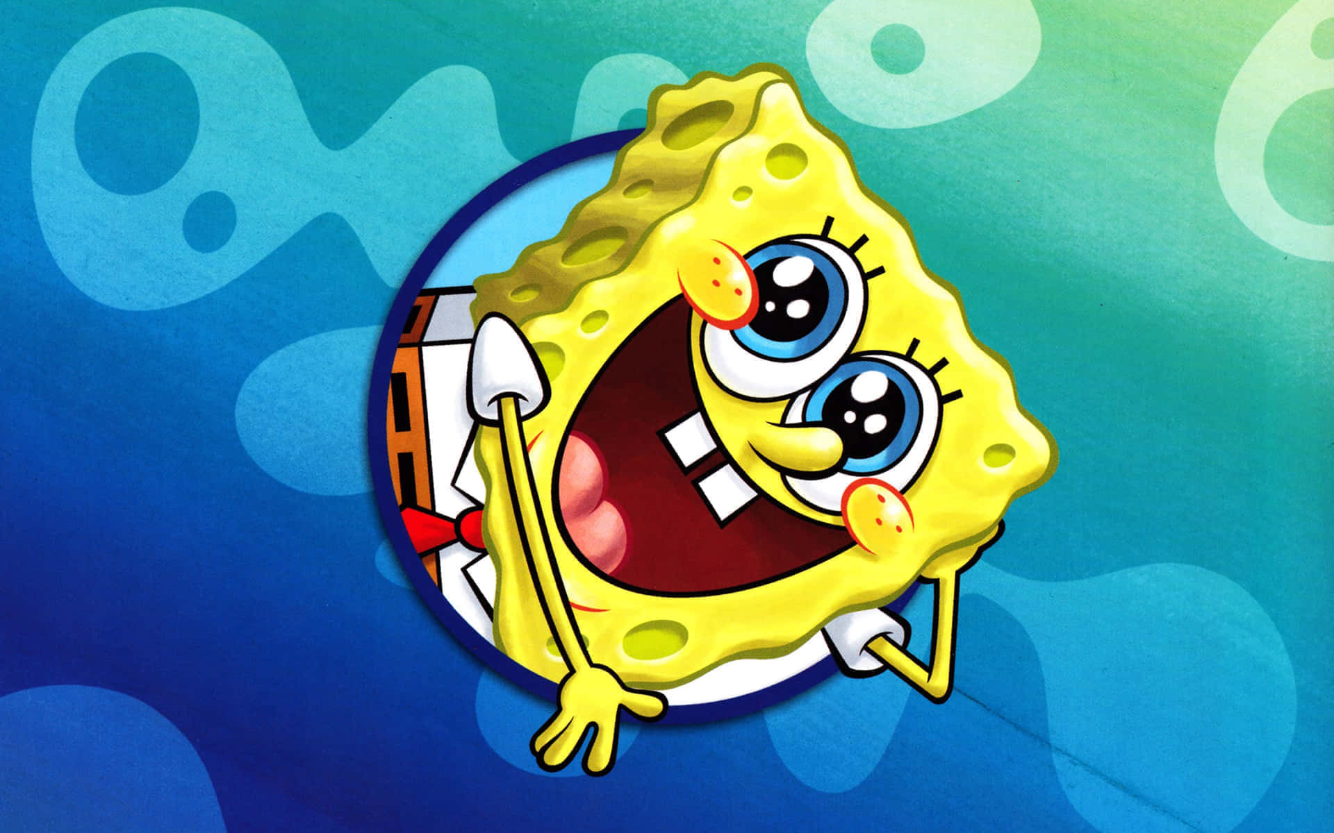 Aesthetic Spongebob 桌布 壁紙 — 海綿寶寶在藍色泡泡背景的圓形框架中咧嘴大笑。