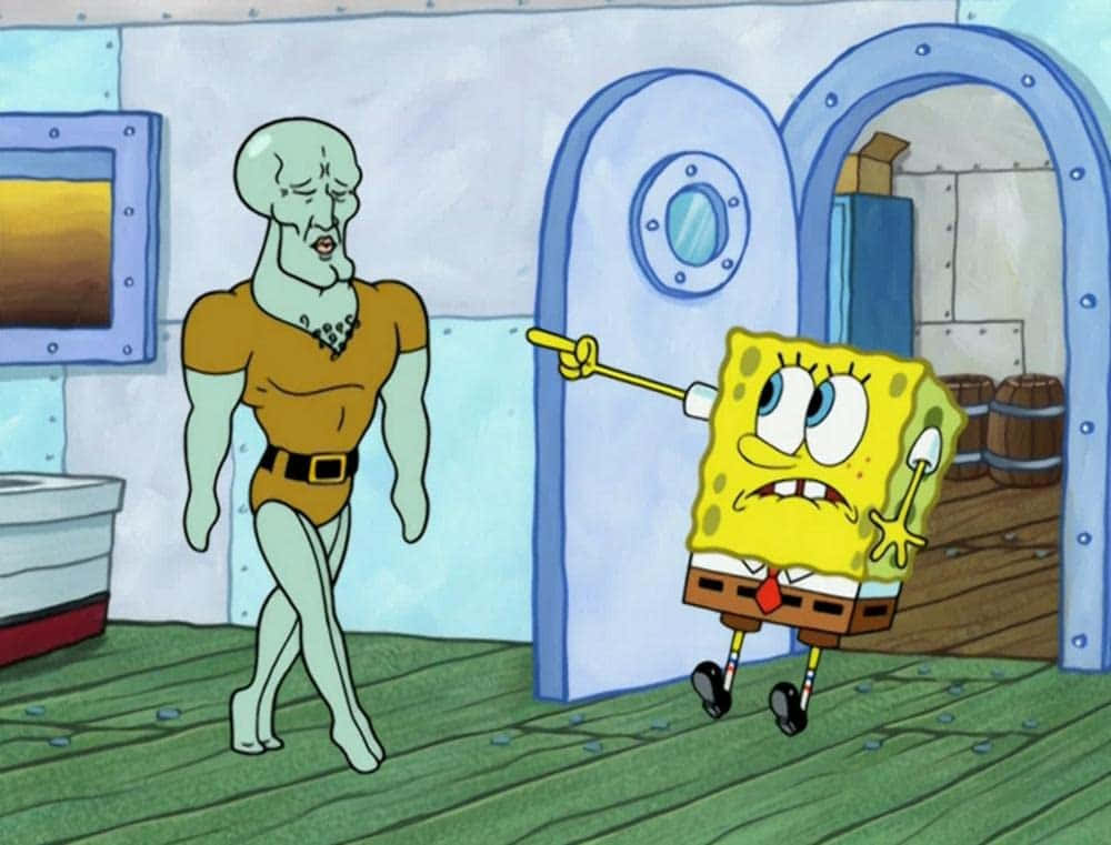 Squidward 桌布 壁紙 — 海綿寶寶在藍色牆壁和木地板的卡通水下房間裡憤怒地指向章魚哥。