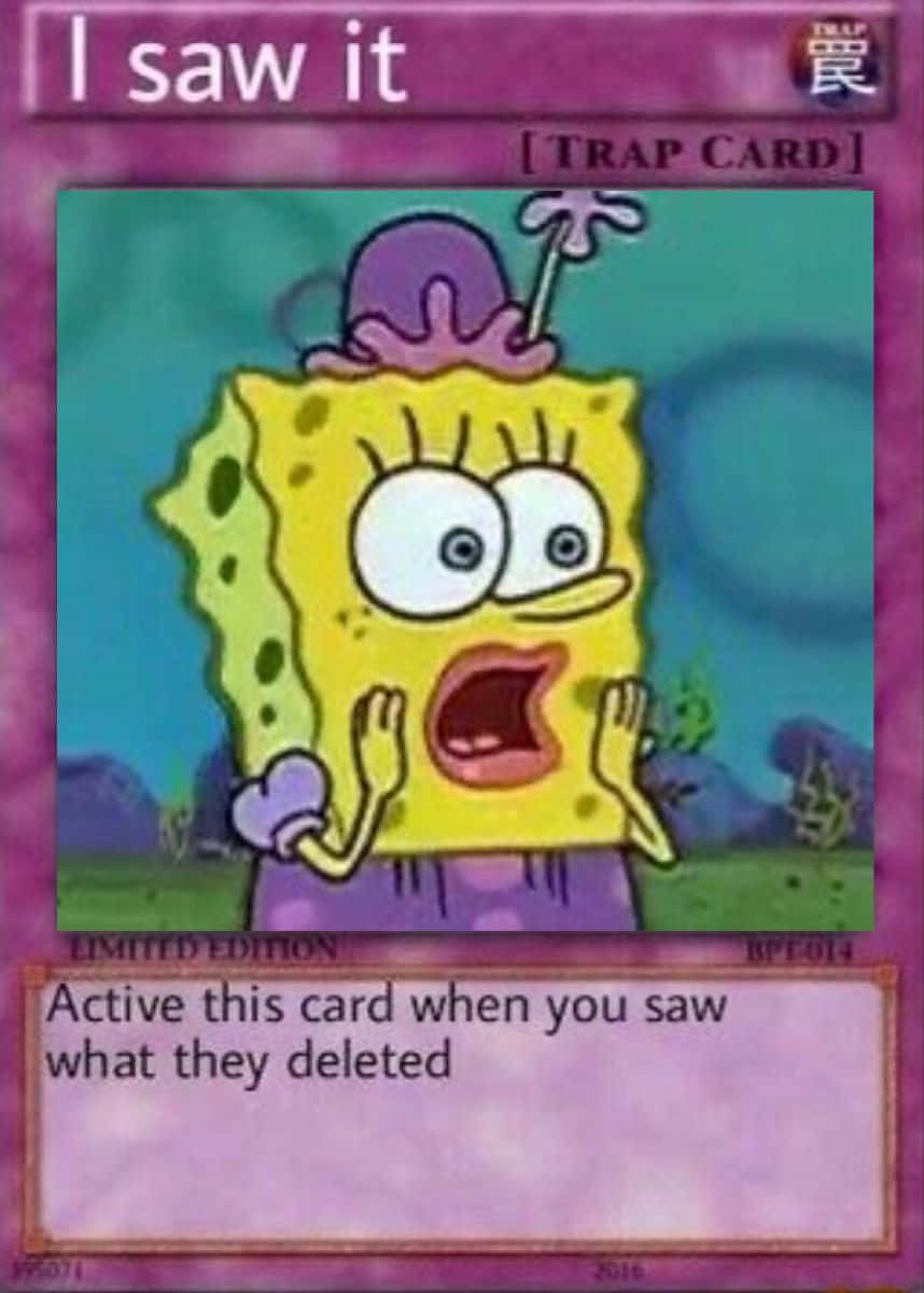 meme 桌布 壁紙 — 海綿寶寶在陷阱卡迷因中，睜大眼睛、張開嘴巴，對某些震驚的事情做出反應