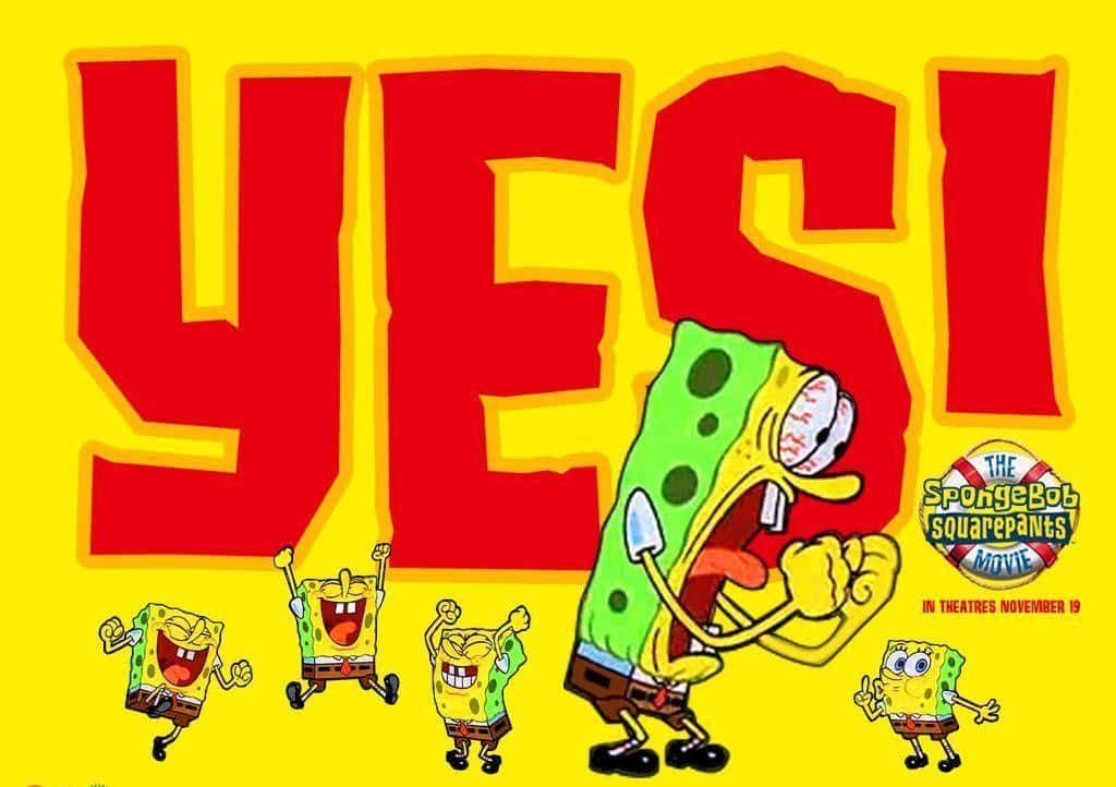 Spongebob Face 桌布 壁紙 — 海綿寶寶在鮮黃色背景上，以多個歡樂版本熱情慶祝，並配上一個巨大的紅色YES。