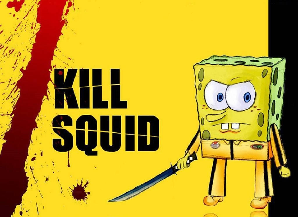 Cool Spongebob 桌布 壁紙 — 海綿寶寶在黃色背景上，帶著猙獰的表情拿著刀，背景有紅色血跡和粗體文字kill squid。
