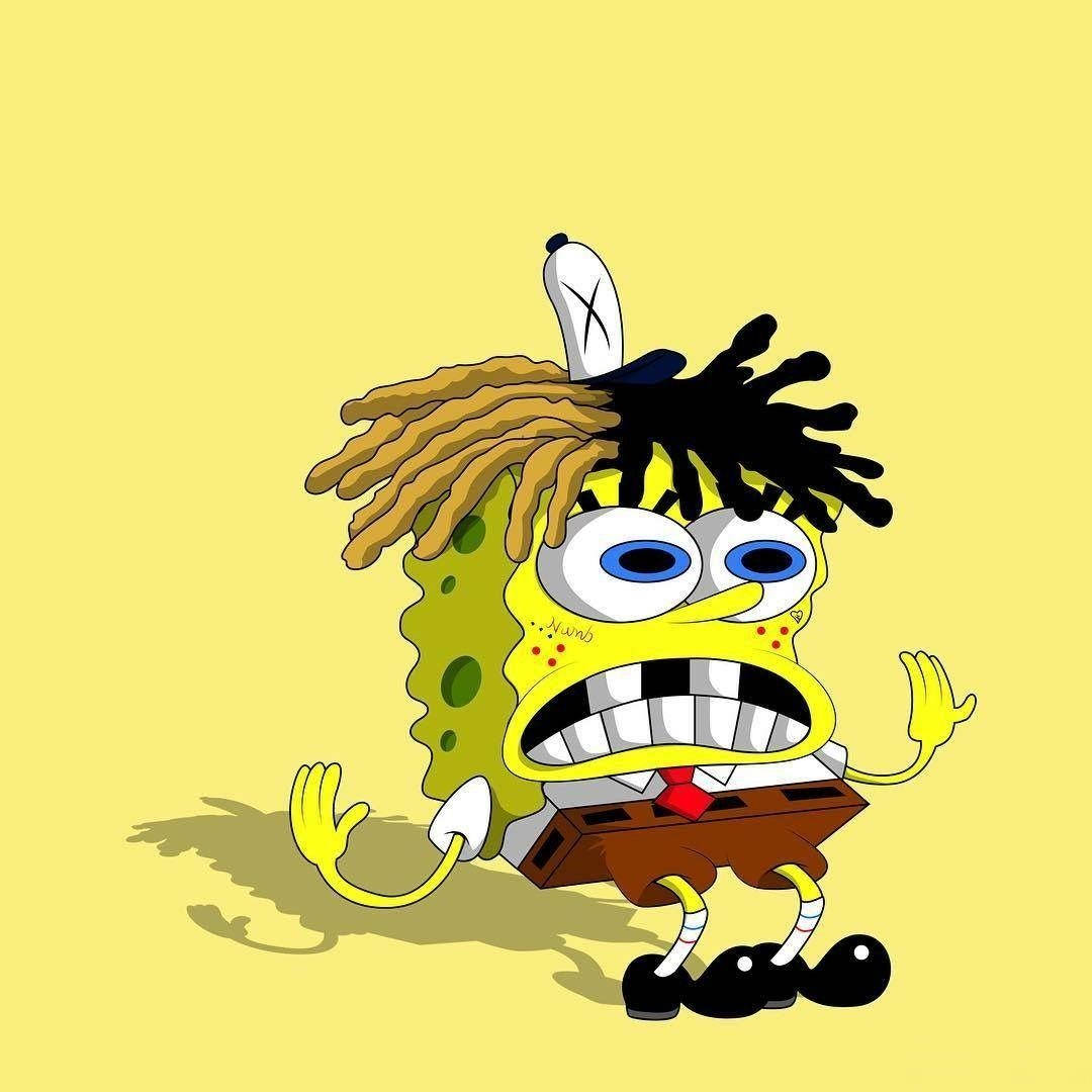 Cool Spongebob 桌布 壁紙 — 海綿寶寶帶著狂野的辮子頭和一個打了X的帽子，在純黃色背景上看起來很震驚。