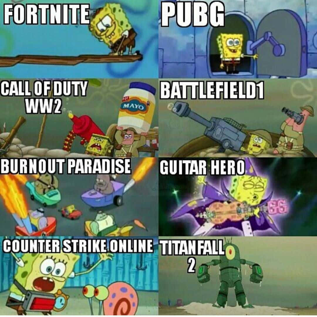 Gaming Memes 桌布 壁紙 — 海綿寶寶幽默地出現在各種電子遊戲場景中，包括 Fortnite、PUBG 和 Titanfall 2。