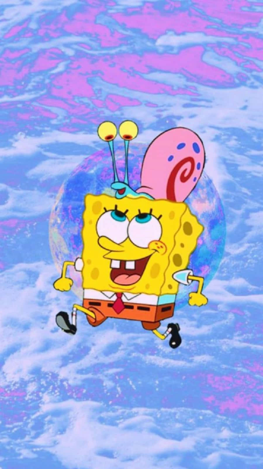 Gary The Snail 桌布 壁紙 — 海綿寶寶快樂地跑過一個迷幻的海洋，有旋轉的粉紅色和藍色波浪。