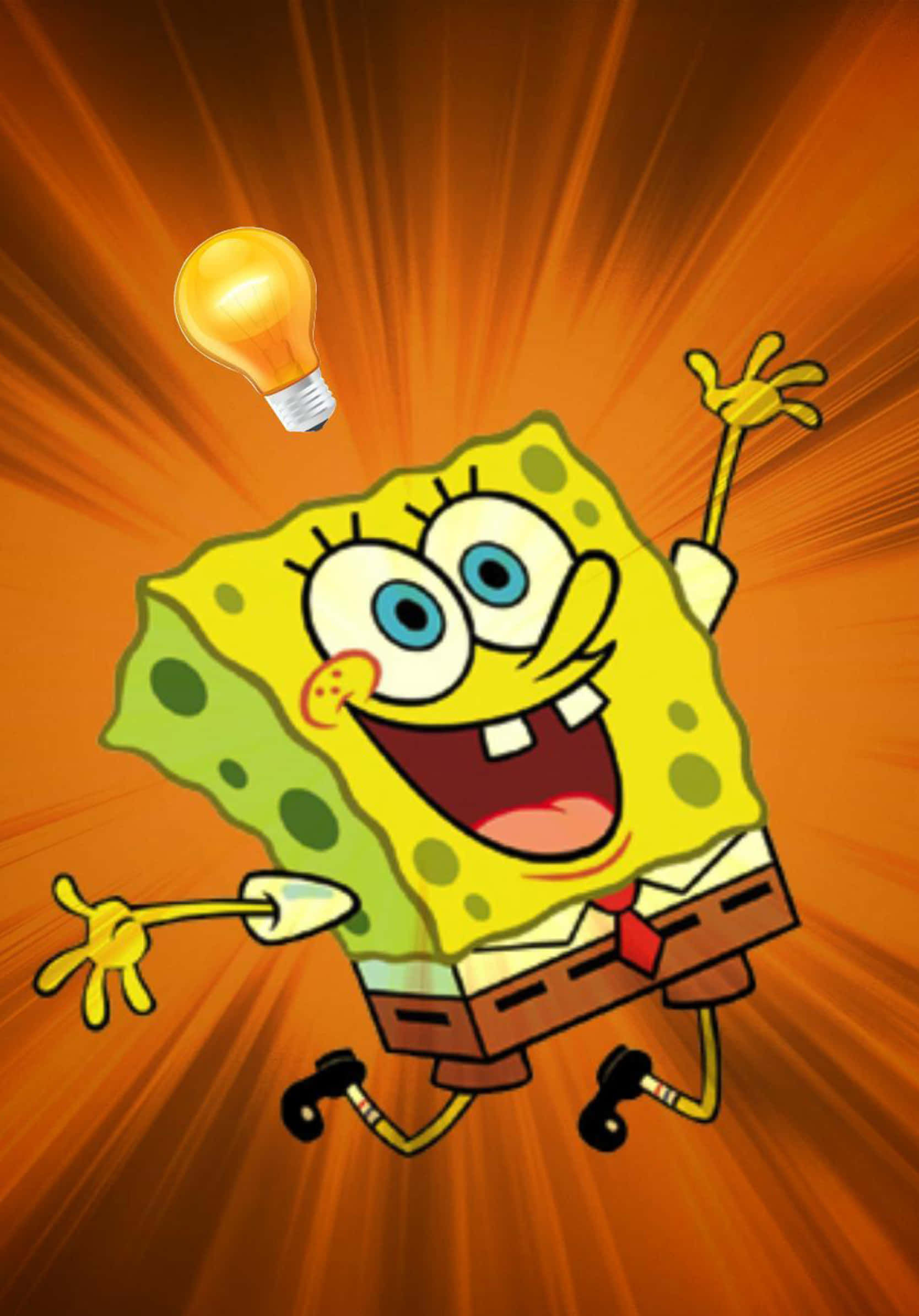Aesthetic Spongebob 桌布 壁紙 — 海綿寶寶快樂地跳躍，頭頂上有一個發光的燈泡，背景是燦爛的橙色爆炸。