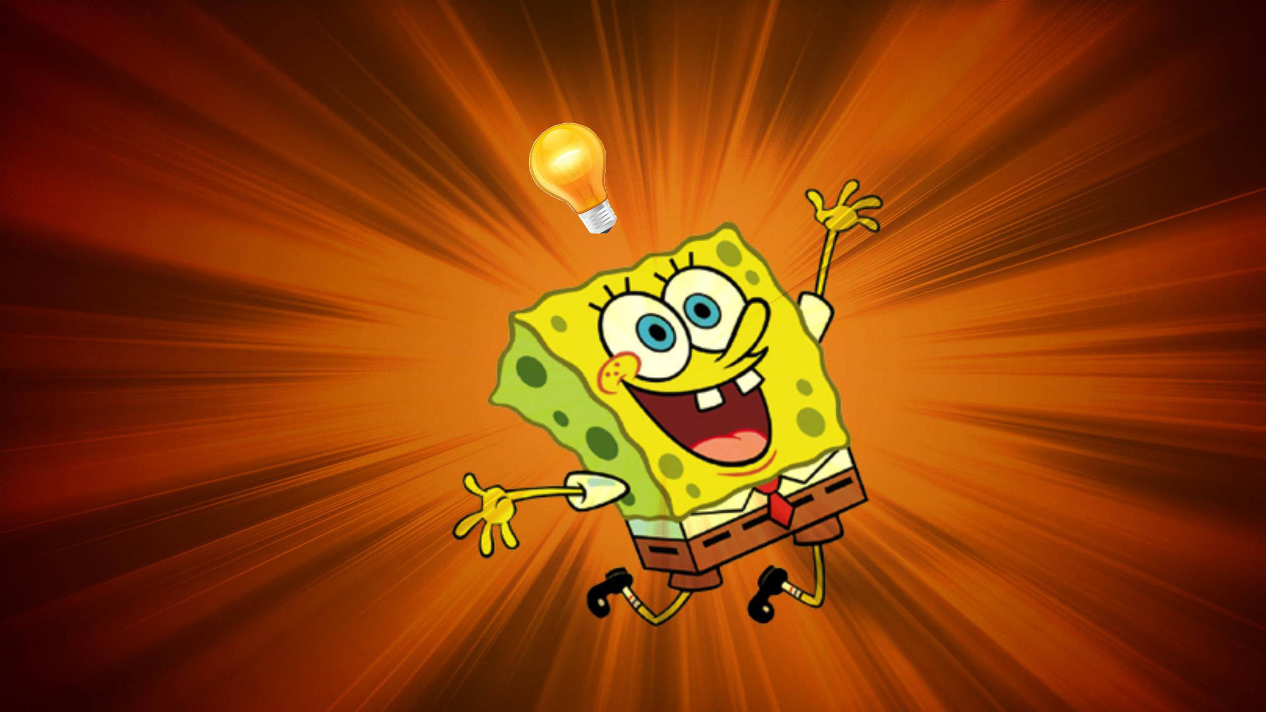 Spongebob Cool 桌布 壁紙 — 海綿寶寶快樂地跳躍，頭頂上有一個發光的燈泡，背景是燦爛的橙色爆炸效果。