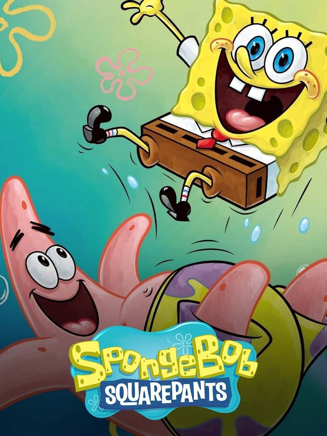 Spongebob Characters 桌布 壁紙 — 海綿寶寶快樂地跳過藍綠色海水，而派大星在下方大笑，構成充滿活力的卡通場景。