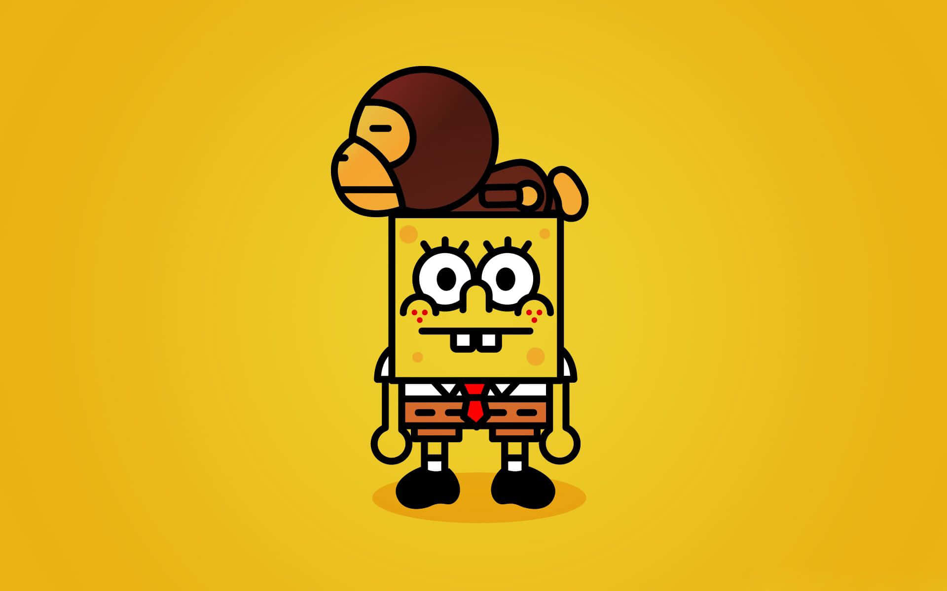 Aesthetic Spongebob 桌布 壁紙 — 海綿寶寶戴著棕色猴子帽，背景為純黃色。