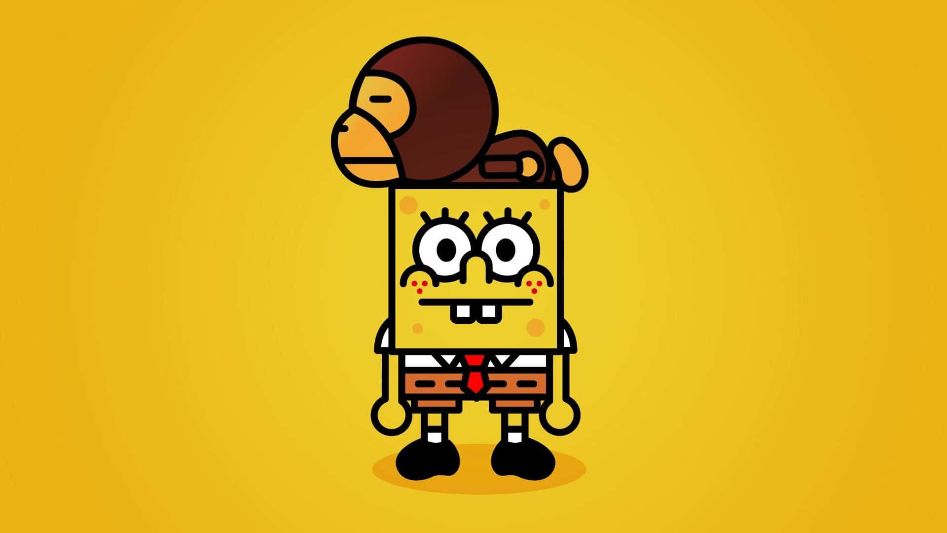 Spongebob Supreme 桌布 壁紙 — 海綿寶寶戴著棕色猴子帽，背景為純黃色。