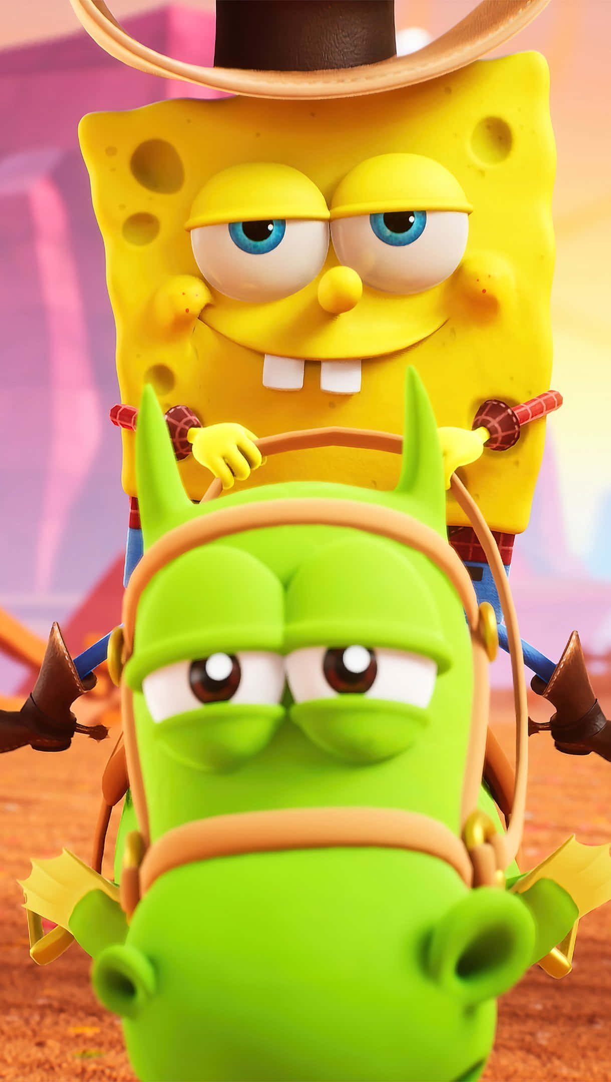 Spongebob Characters 桌布 壁紙 — 海綿寶寶戴著牛仔帽，騎著一條綠龍，表情堅定，背景是溫暖的日落。