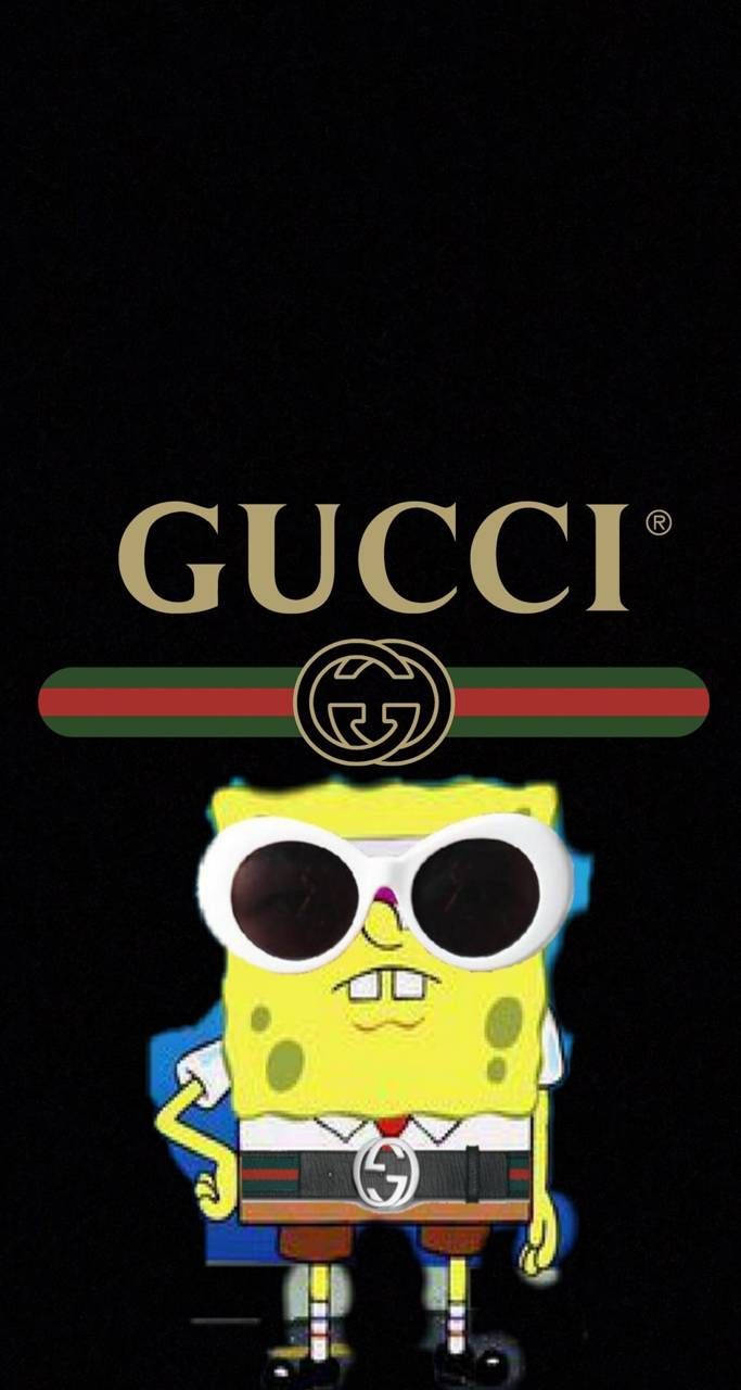 Cool Spongebob 桌布 壁紙 — 海綿寶寶戴著超大太陽眼鏡，身穿Gucci標誌服裝，背景為黑色。