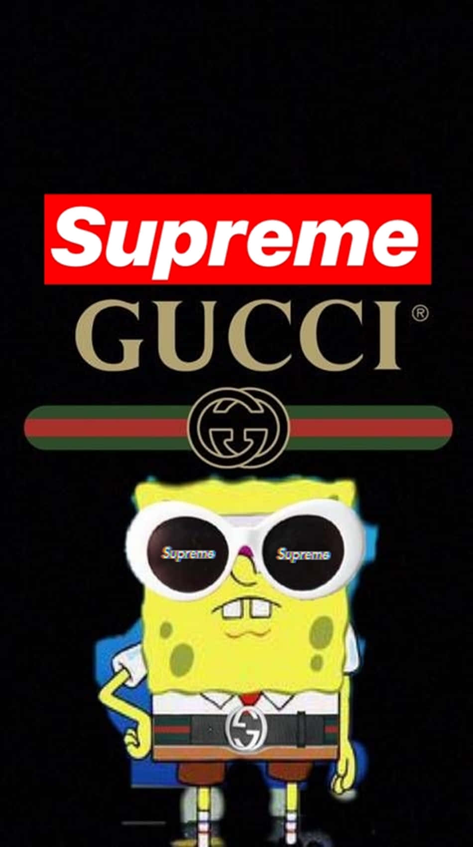 桌布 壁紙 — 海綿寶寶戴著超大尺寸的 Supreme 和 Gucci 品牌太陽眼鏡和腰帶，背景為黑色，帶有奢華品牌標誌。