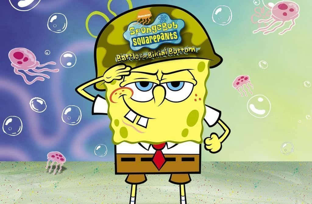 Spongebob Face 桌布 壁紙 — 海綿寶寶戴著軍用頭盔在水下敬禮，周圍有粉紅色水母和氣泡漂浮。