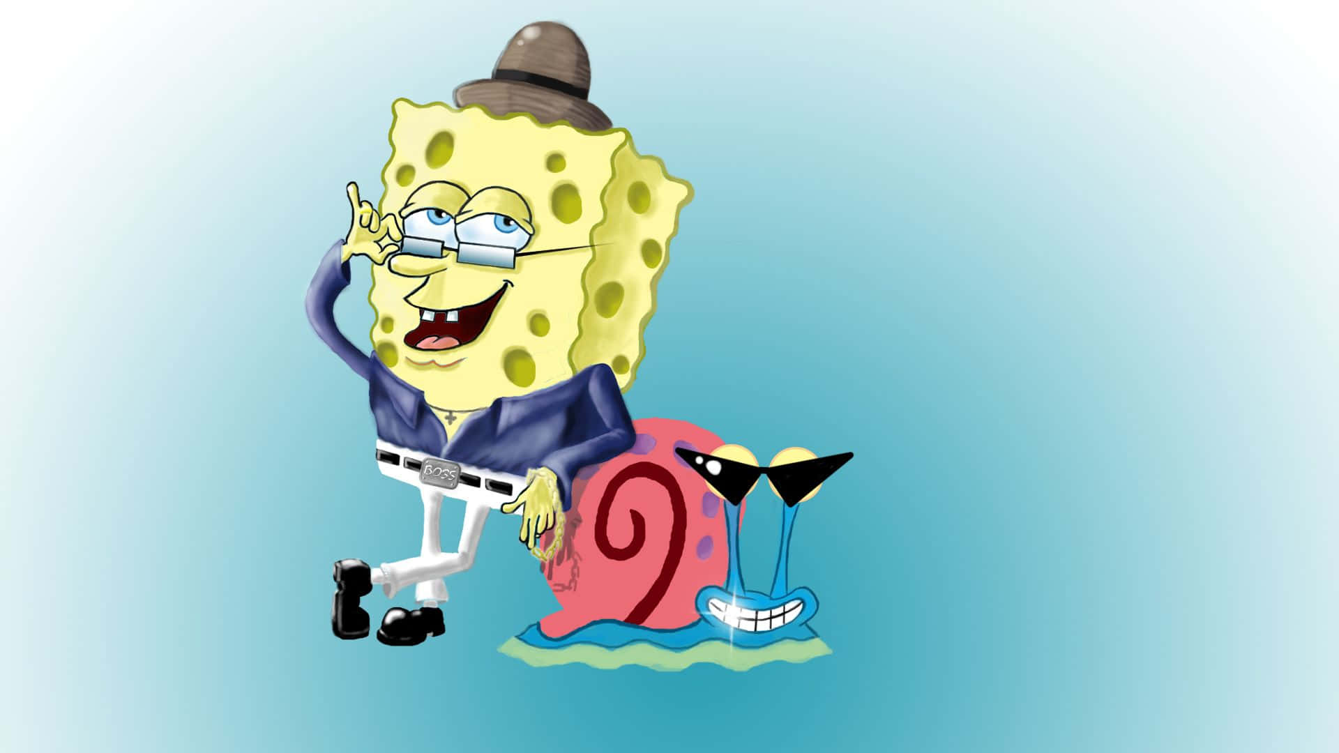 Gary The Snail 桌布 壁紙 — 海綿寶寶戴著軟呢帽、穿著西裝，與戴太陽眼鏡的派大星在柔和的藍色漸變背景前擺姿勢。