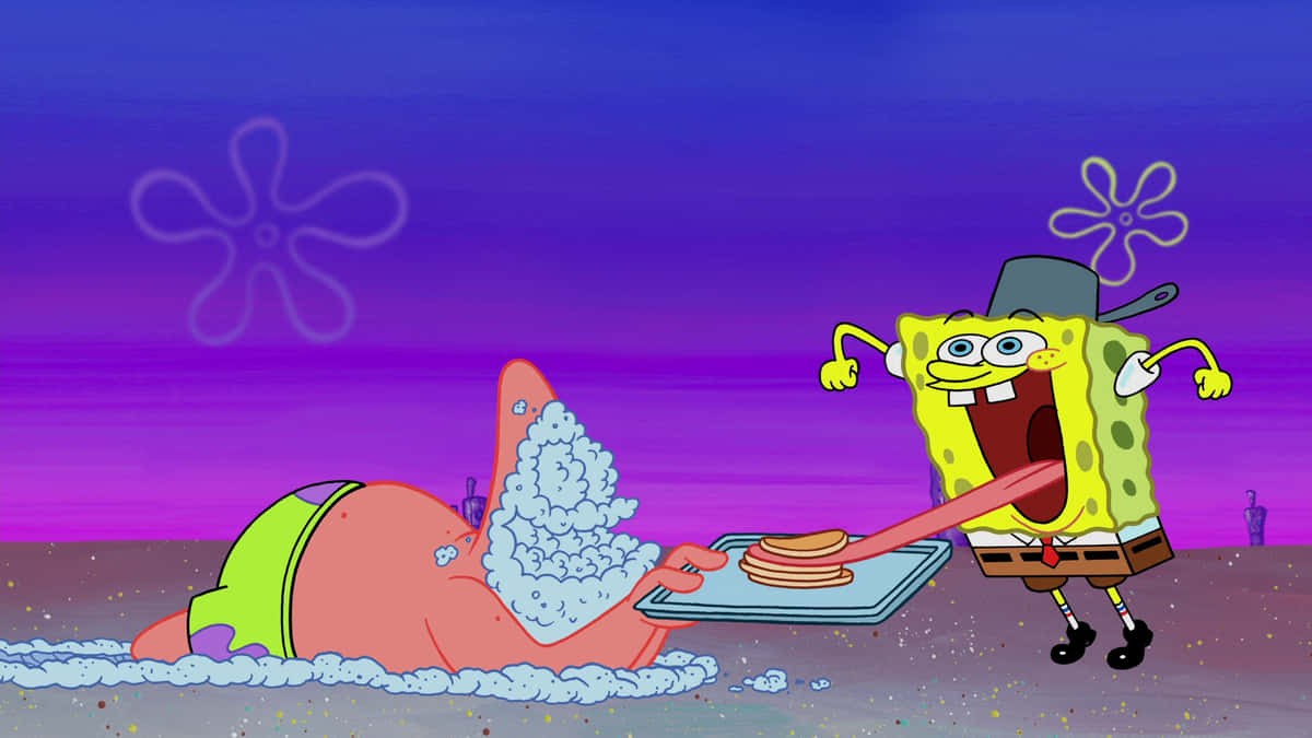 Aesthetic Spongebob Laptop 桌布 壁紙 — 海綿寶寶戴著高帽，在紫色日落天空下，愉快地從派大星佈滿泡泡的舌頭上吃煎餅。