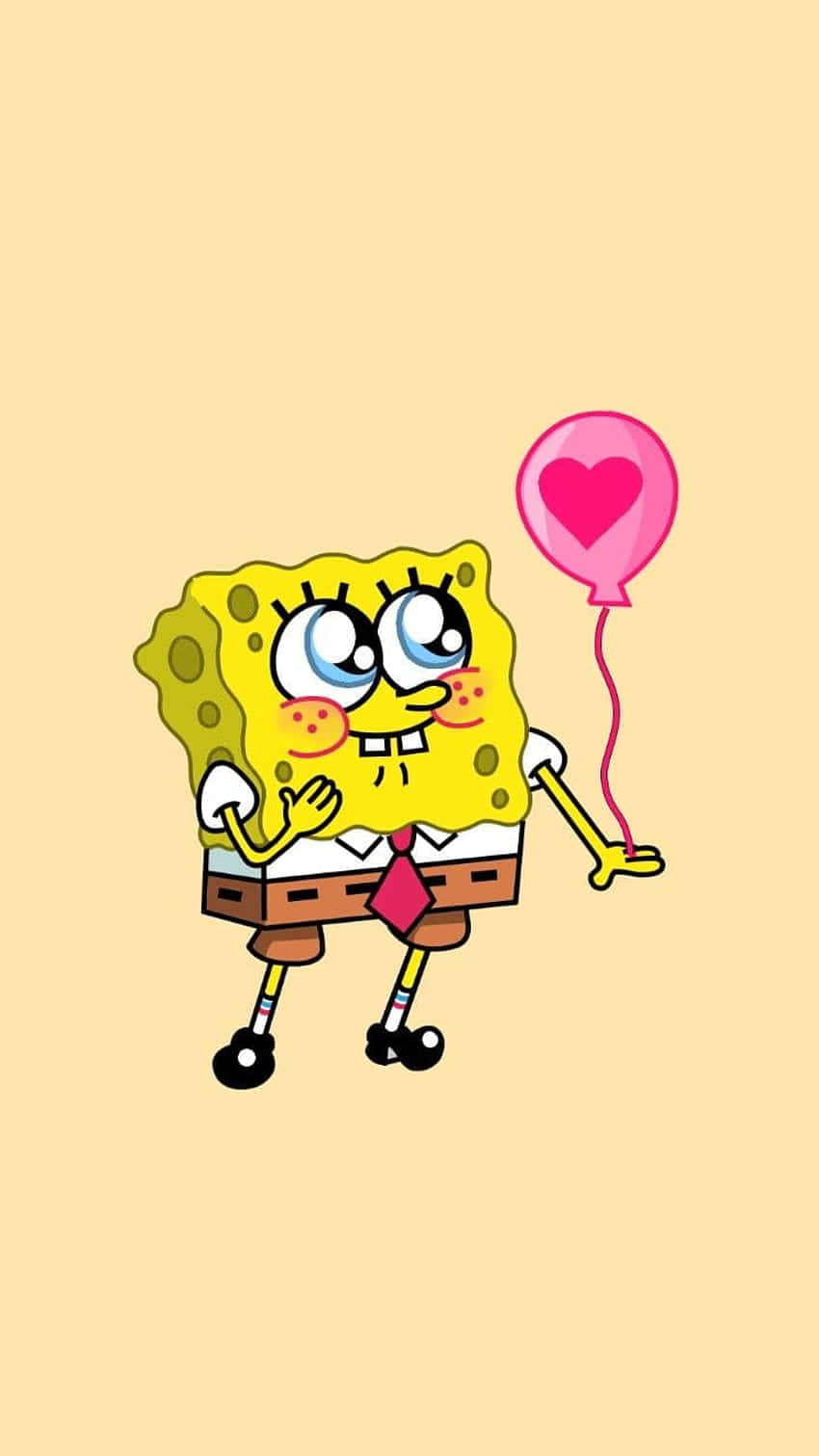 Aesthetic Spongebob 桌布 壁紙 — 海綿寶寶手持一個粉紅色心形氣球，表情愉快，背景為純米色。