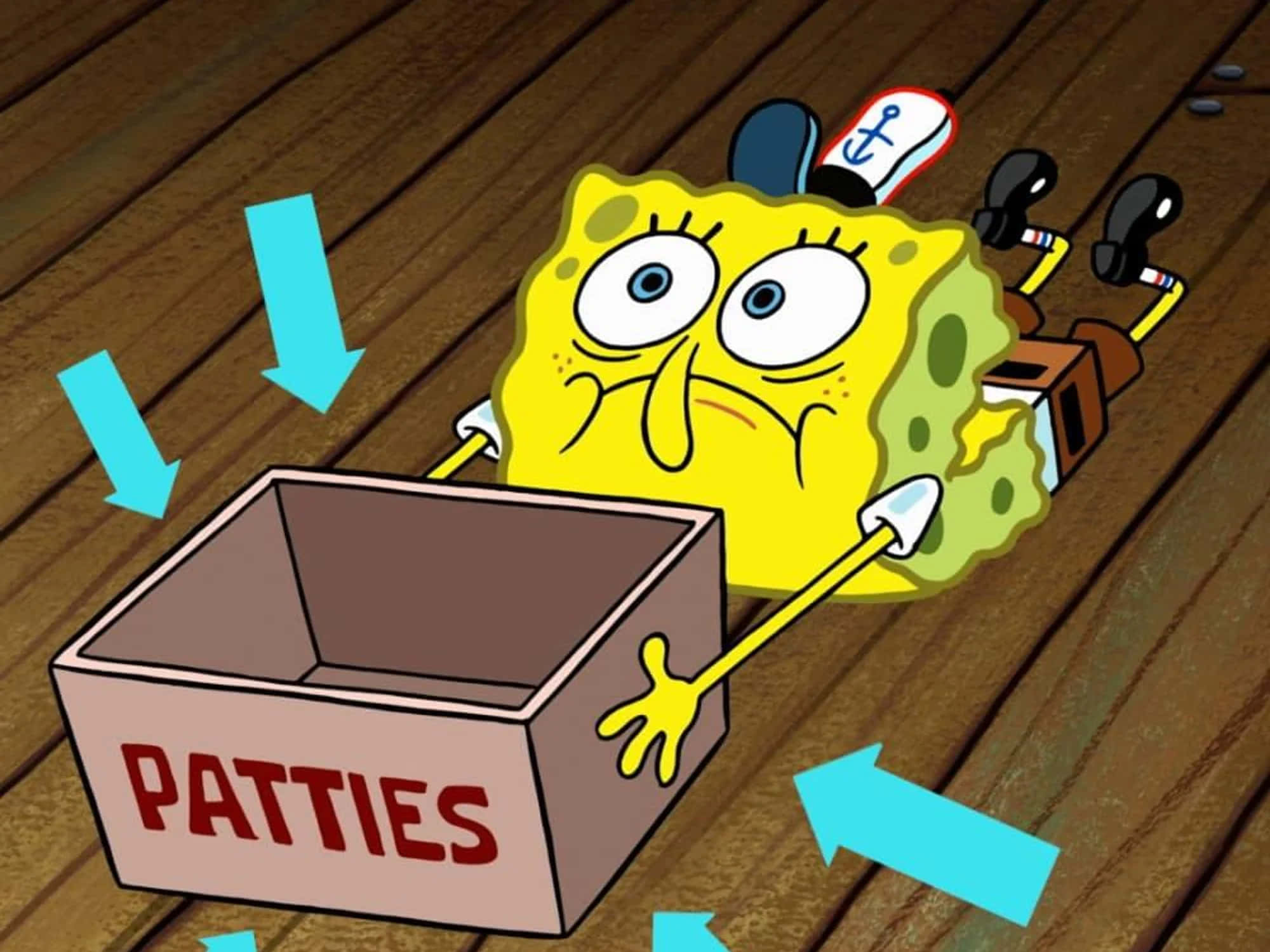 海绵宝宝 桌布 壁紙 — 海綿寶寶拿著一個空的「PATTIES」盒子，表情痛苦，木地板上藍色箭頭指向它。