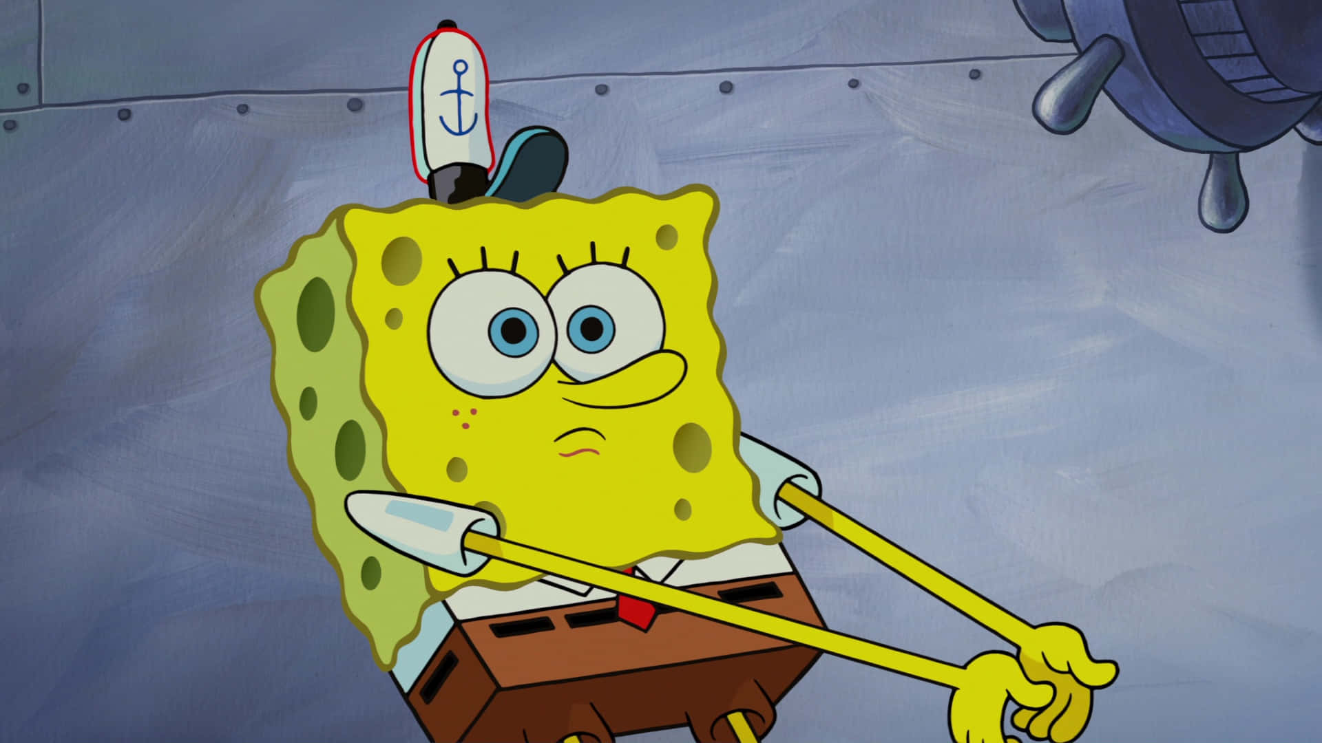Spongebob Desktop 桌布 壁紙 — 海綿寶寶拿著一根黃色桿子，上面有紅白相間的錨旗，背景是灰色金屬質感。