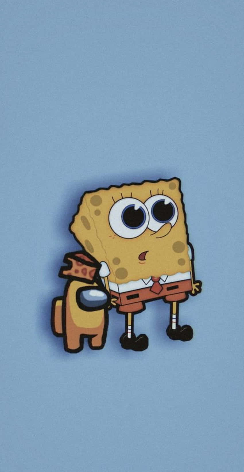Aesthetic Spongebob 桌布 壁紙 — 海綿寶寶拿著一片披薩，站在一隻棕色狗旁邊，背景為純藍色。