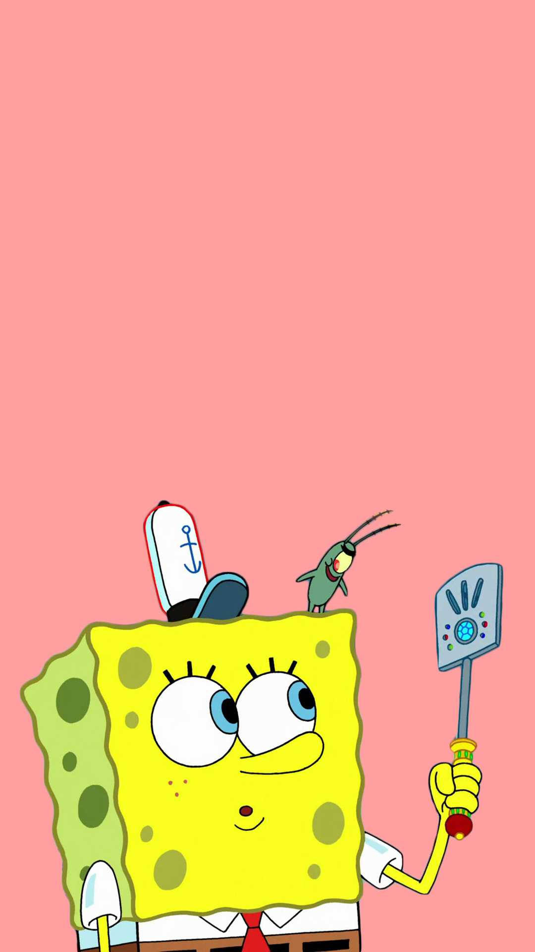 plankton 桌布 壁紙 — 海綿寶寶拿著鍋鏟，戴著他的船錨帽，頭頂上有一隻小螃蟹，背景是純粉紅色。