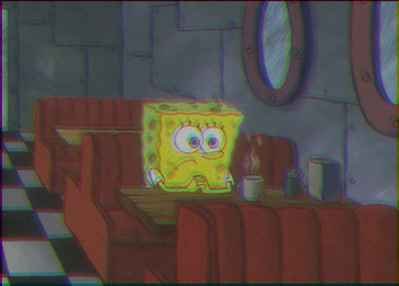 spongebob waiting 桌布 壁紙 — 海綿寶寶獨自坐在餐廳卡座，在故障色彩濾鏡下露出擔憂的表情。