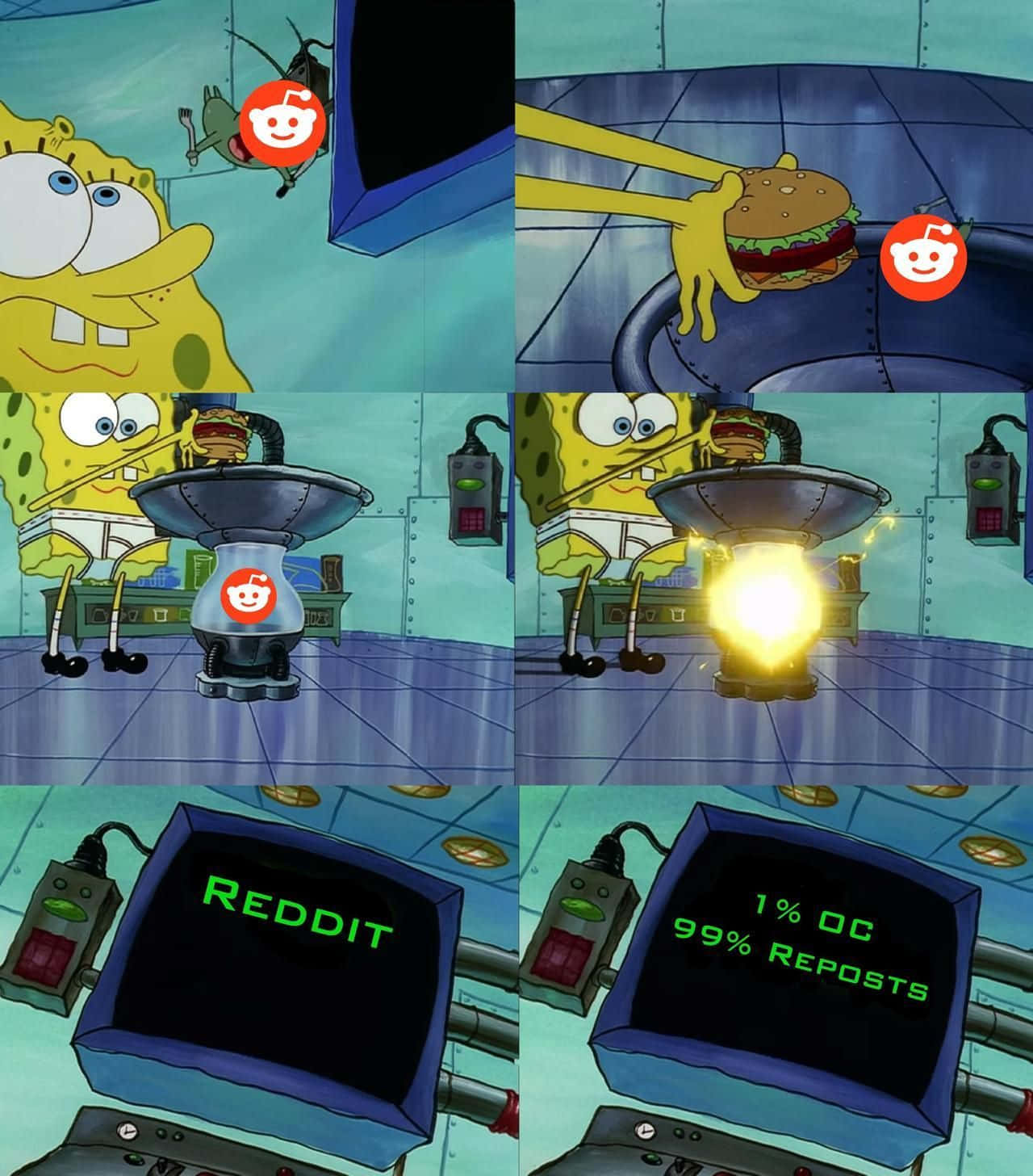Memes 桌布 壁紙 — 海綿寶寶用機器將漢堡轉化為發光的能量，而 Reddit 標誌在附近漂浮。