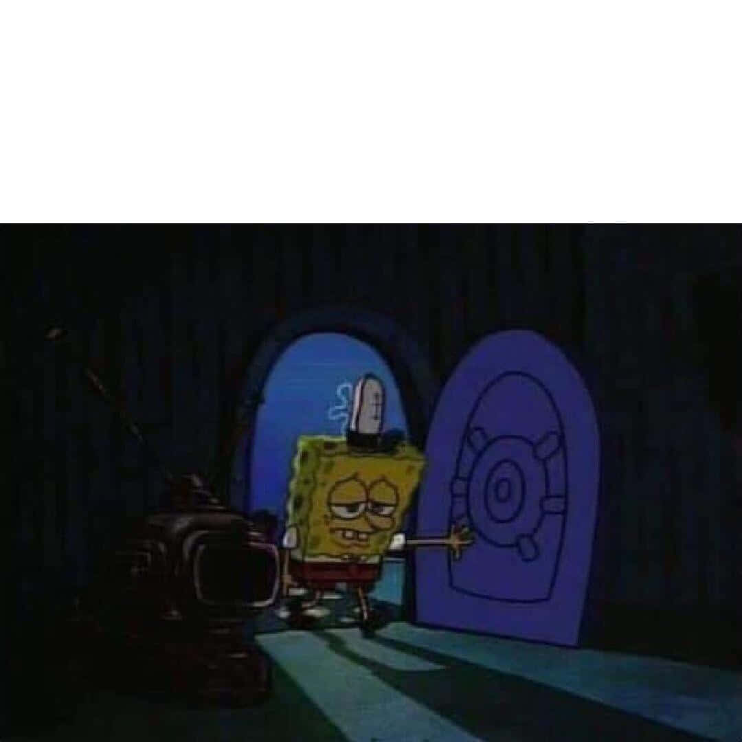 spongebob sad 桌布 壁紙 — 海綿寶寶疲憊地站在燈光昏暗的房間裡，握著門把手，附近有一台電視。
