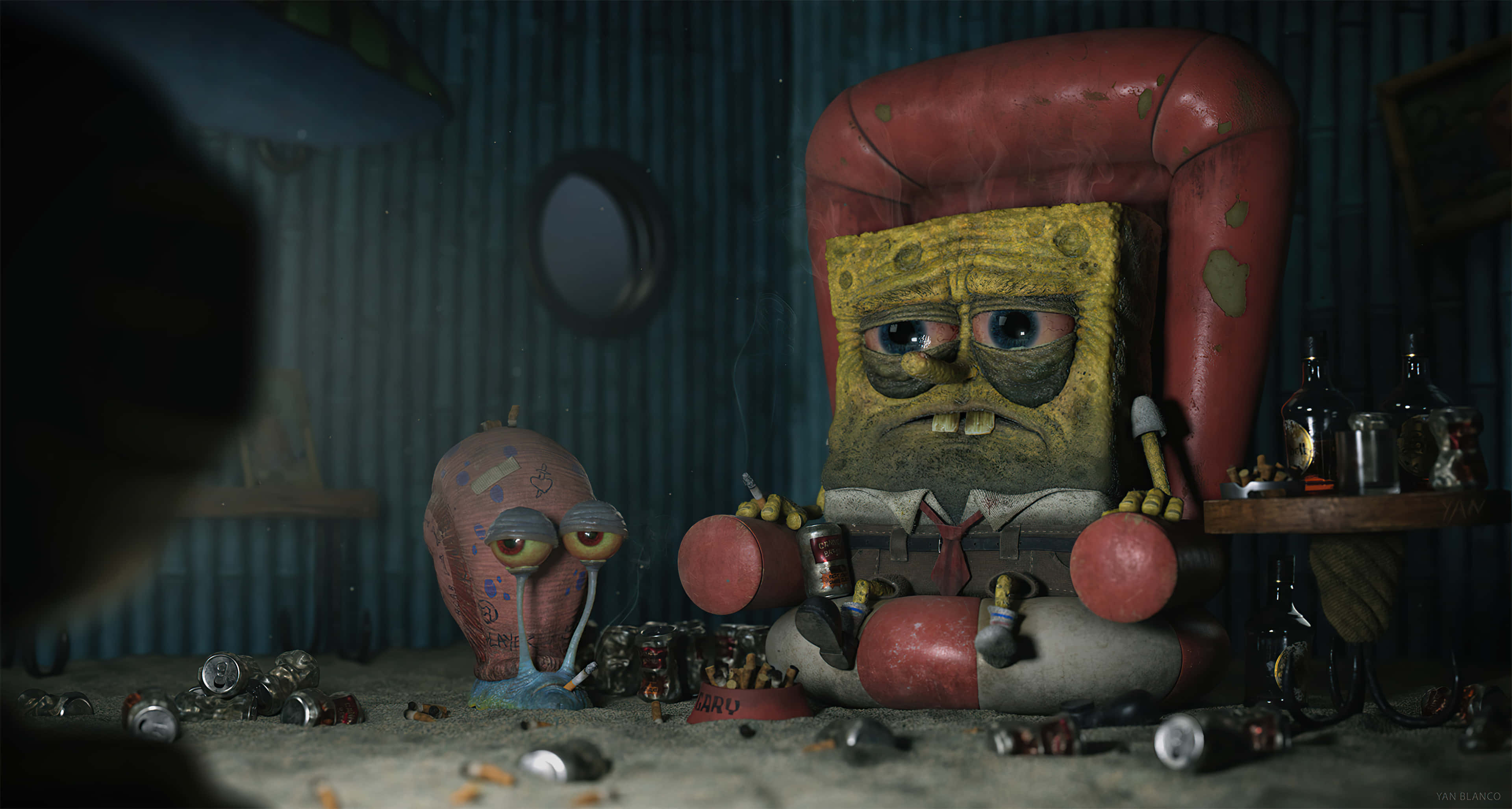 spongebob sad 桌布 壁紙 — 海綿寶寶癱坐在一張破舊的紅色椅子上，周圍是垃圾和空罐，房間昏暗雜亂。