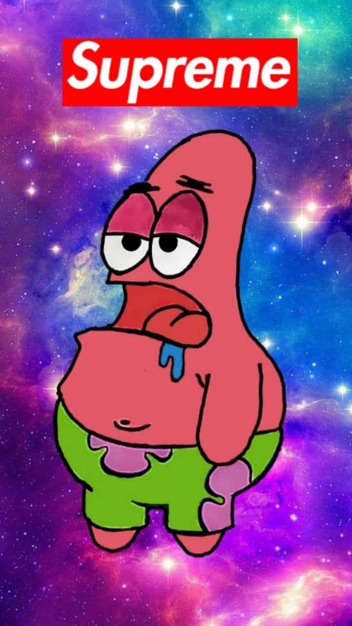 Spongebob Supreme 桌布 壁紙 — 海綿寶寶的派大星在一個充滿活力的宇宙背景前，帶著紅色Supreme標誌，看起來很累並流口水。