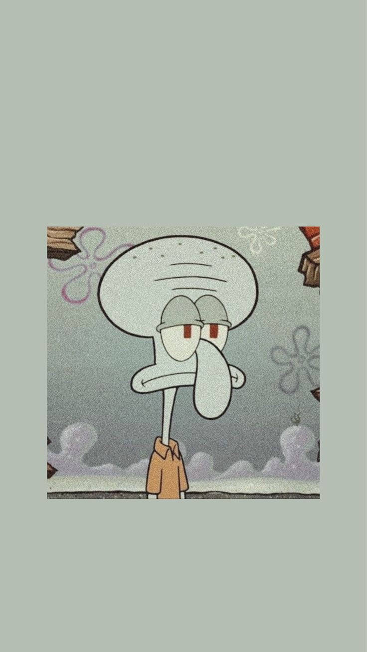Squidward 桌布 壁紙 — 海綿寶寶的章魚哥在灰色背景的水底家中看起來很無聊和煩躁。