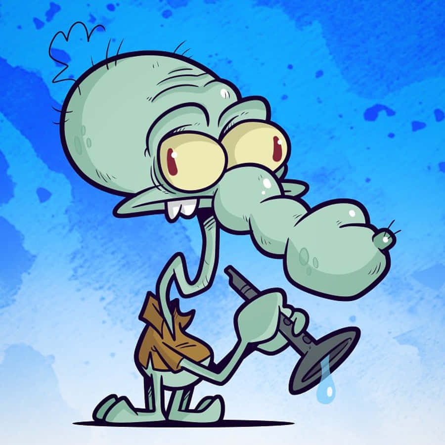 Squidward 桌布 壁紙 — 海綿寶寶的章魚哥跪在藍色水彩背景前，拿著一個滴著水的通馬桶吸盤。