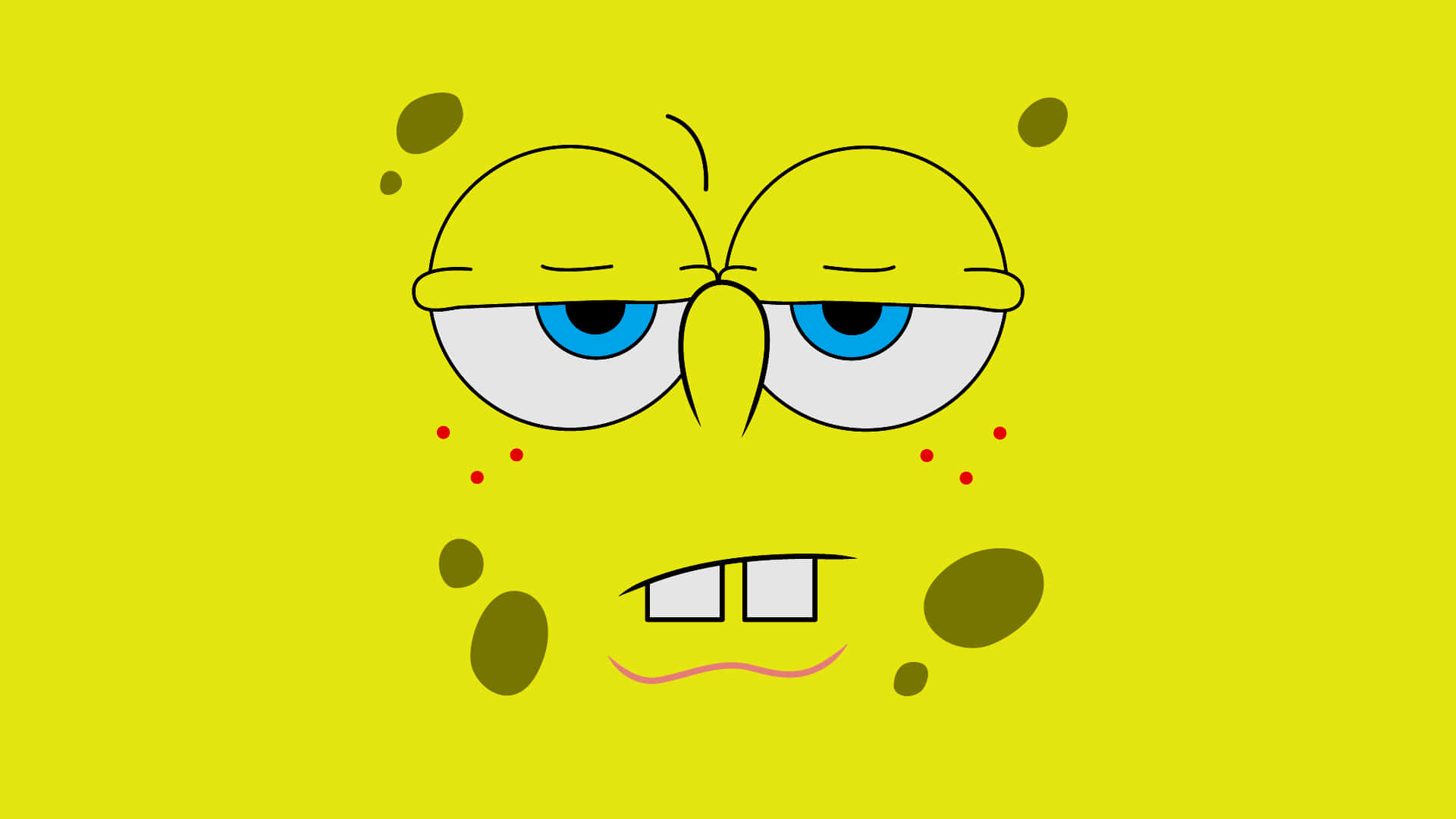 Spongebob Desktop 桌布 壁紙 — 海綿寶寶的臉，帶著疲倦的眼神和皺眉，在明亮的黃色背景上。