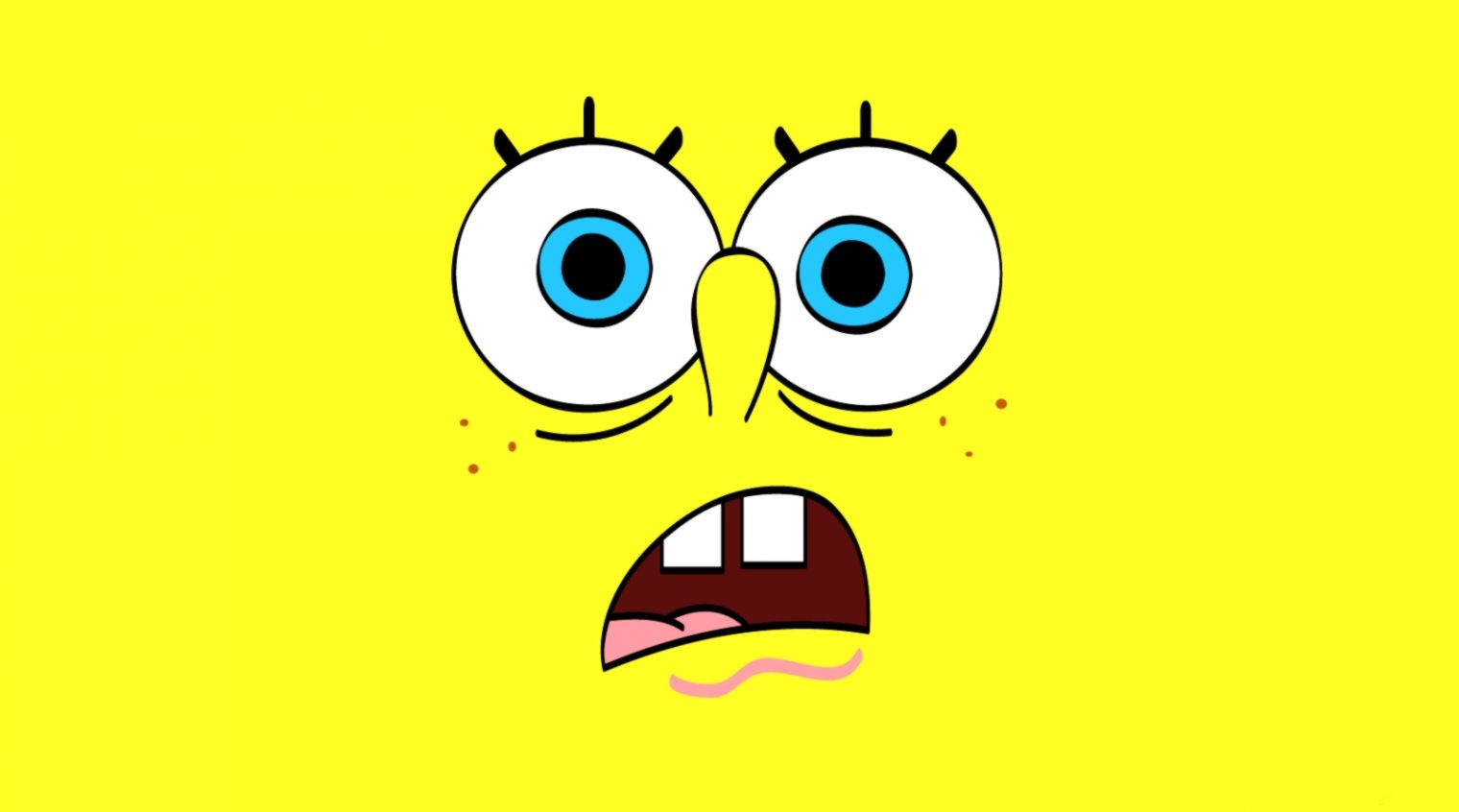 Cool Spongebob 桌布 壁紙 — 海綿寶寶的臉，有大藍眼睛和張開的嘴，在純黃色背景上。