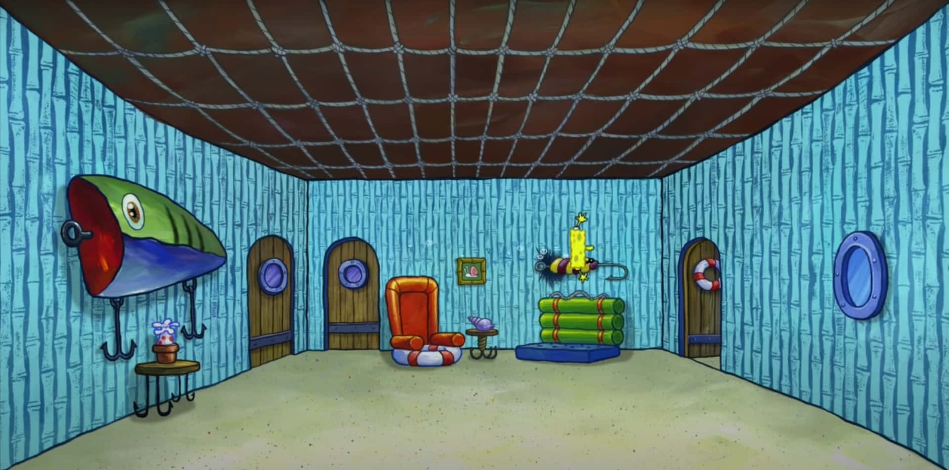 Spongebob Zoom 桌布 壁紙 — 海綿寶寶的鳳梨屋內部，藍色竹牆、橙色扶手椅和漁網天花板。