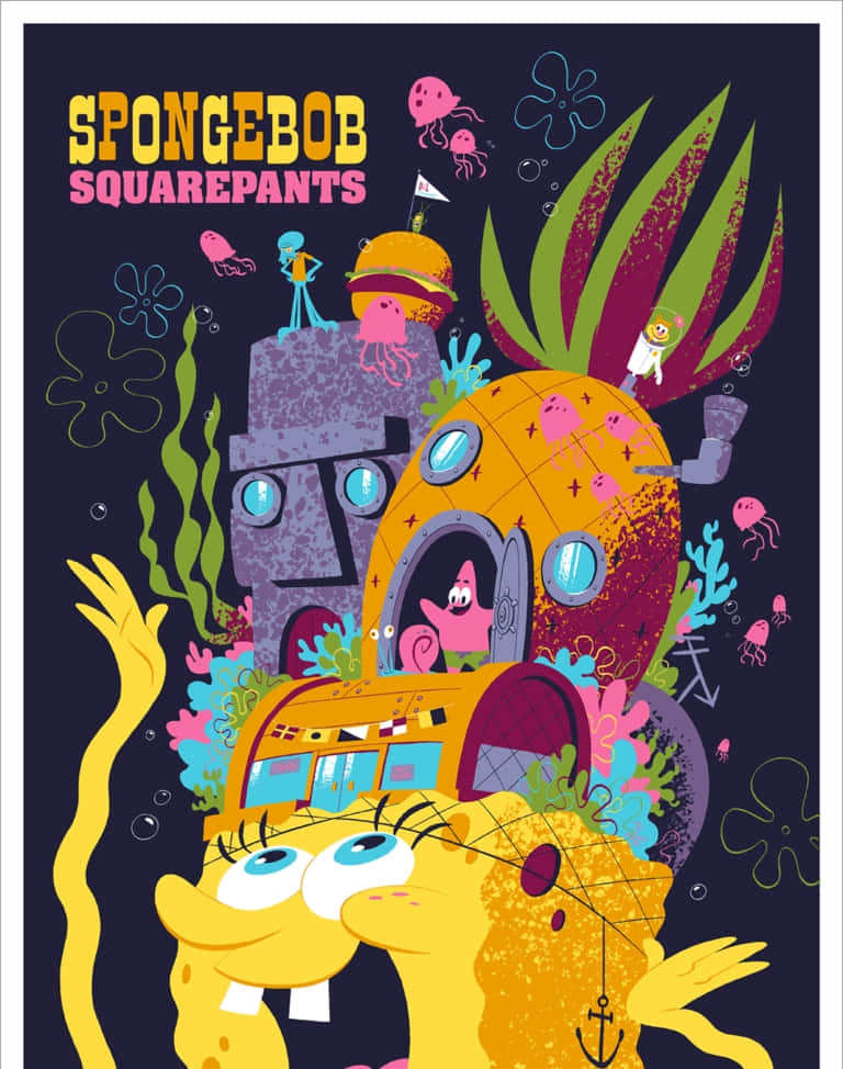 Cartoon Poster 桌布 壁紙 — 海綿寶寶的鳳梨屋聳立在一個充滿水母和珊瑚的 vibrant 海底城市之上，構成色彩繽紛的卡通場景。