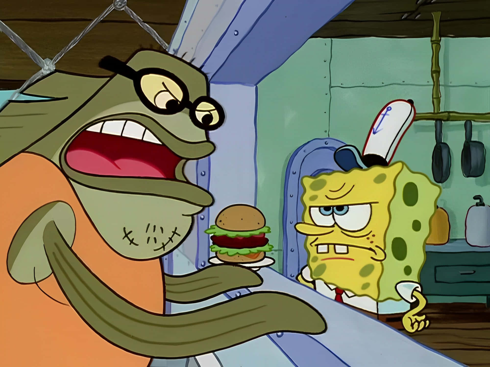 Bubble Bass 桌布 壁紙 — 海綿寶寶看起來很惱火，一條戴眼鏡的綠色魚在廚房裡拿著漢堡憤怒地大喊。