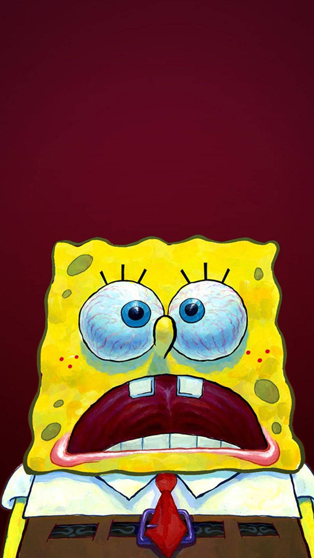 Cool Spongebob 桌布 壁紙 — 海綿寶寶睜大眼睛，露出震驚的表情，背景是純栗色。