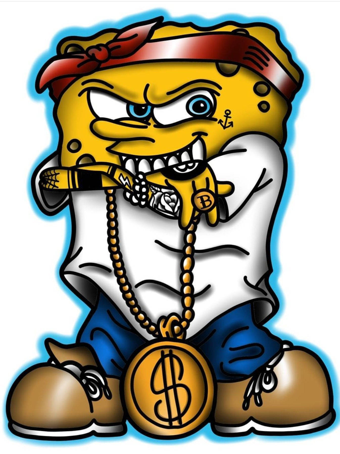 Gangster Spongebob 桌布 壁紙 — 海綿寶寶穿著嘻哈服飾，戴著金鏈和美元符號獎章，憤怒地拿著雪茄。