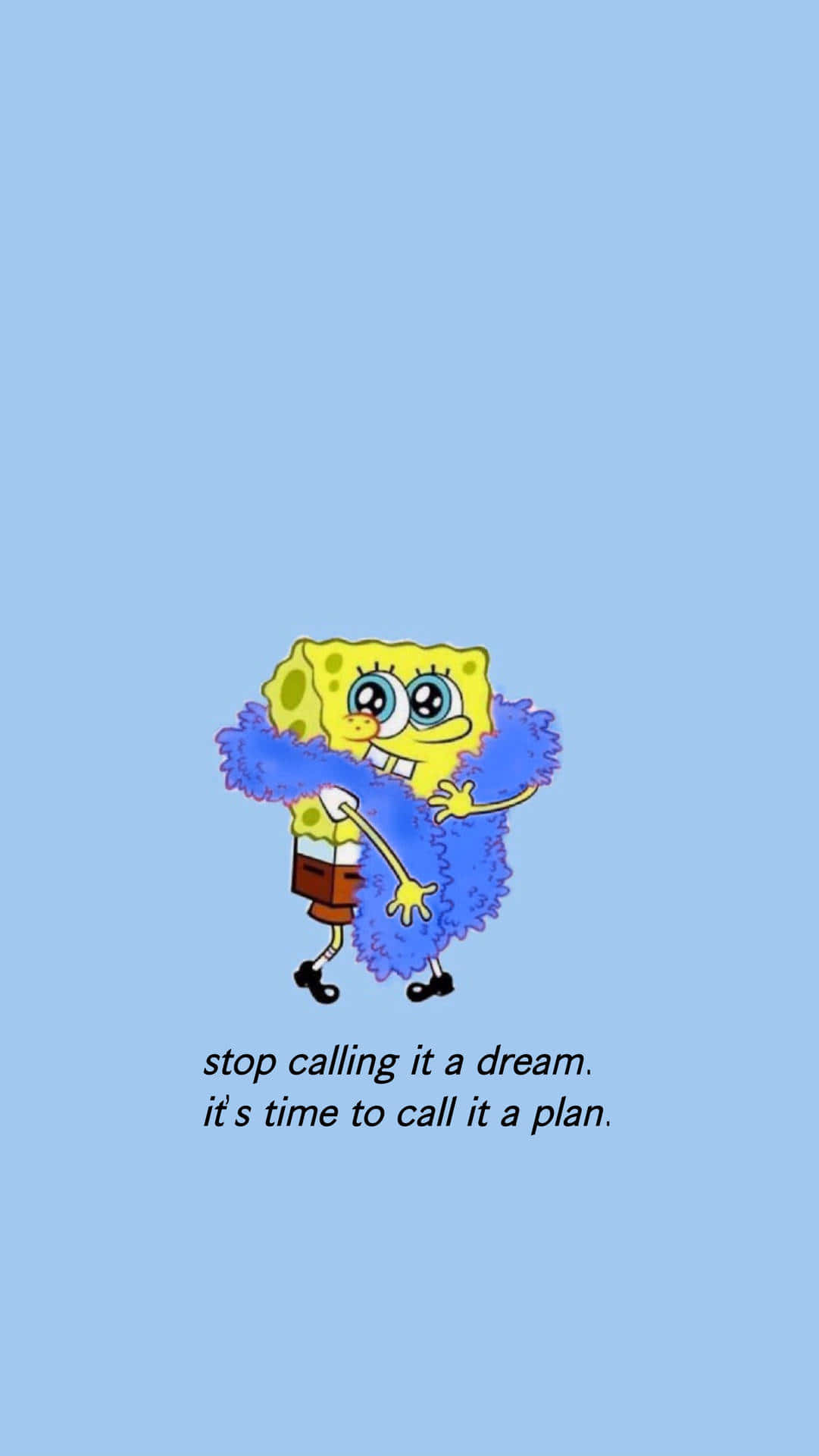 Aesthetic Spongebob 桌布 壁紙 — 海綿寶寶穿著藍色羽毛圍巾，在純淺藍色背景前開心地微笑，下方有勵志文字。