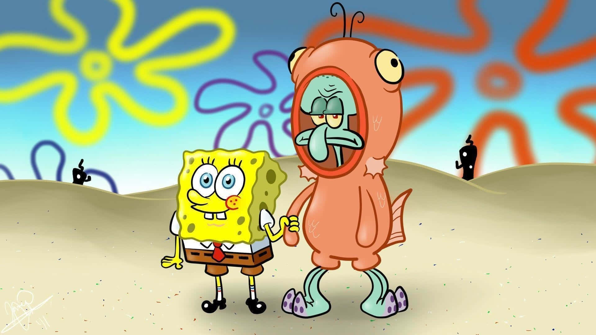 Squidward 桌布 壁紙 — 海綿寶寶穿著西裝微笑，旁邊是穿著魚裝的脾氣暴躁的章魚哥，背景是沙灘和色彩繽紛的珊瑚。