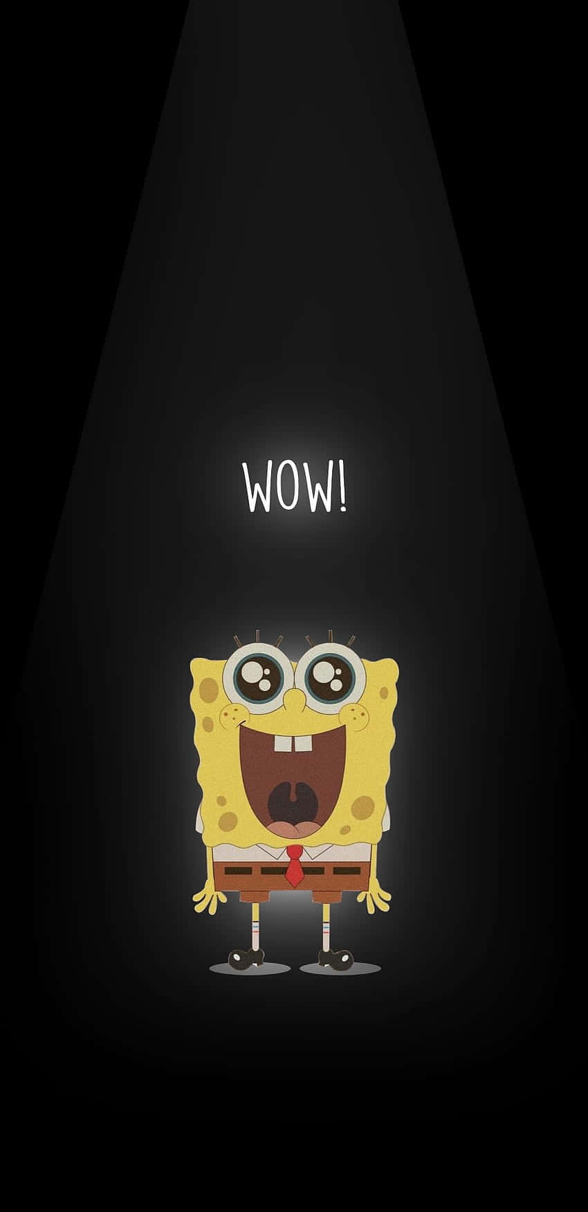 Aesthetic Spongebob 桌布 壁紙 — 海綿寶寶站在聚光燈下，眼睛睜大，嘴巴張開，下方有WOW字樣，背景為黑色。