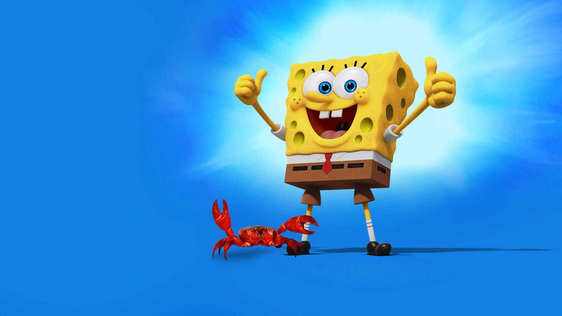 Funny Spongebob 桌布 壁紙 — 海綿寶寶與他的朋友蟹老闆在明亮的藍色背景前豎起兩個大拇指。