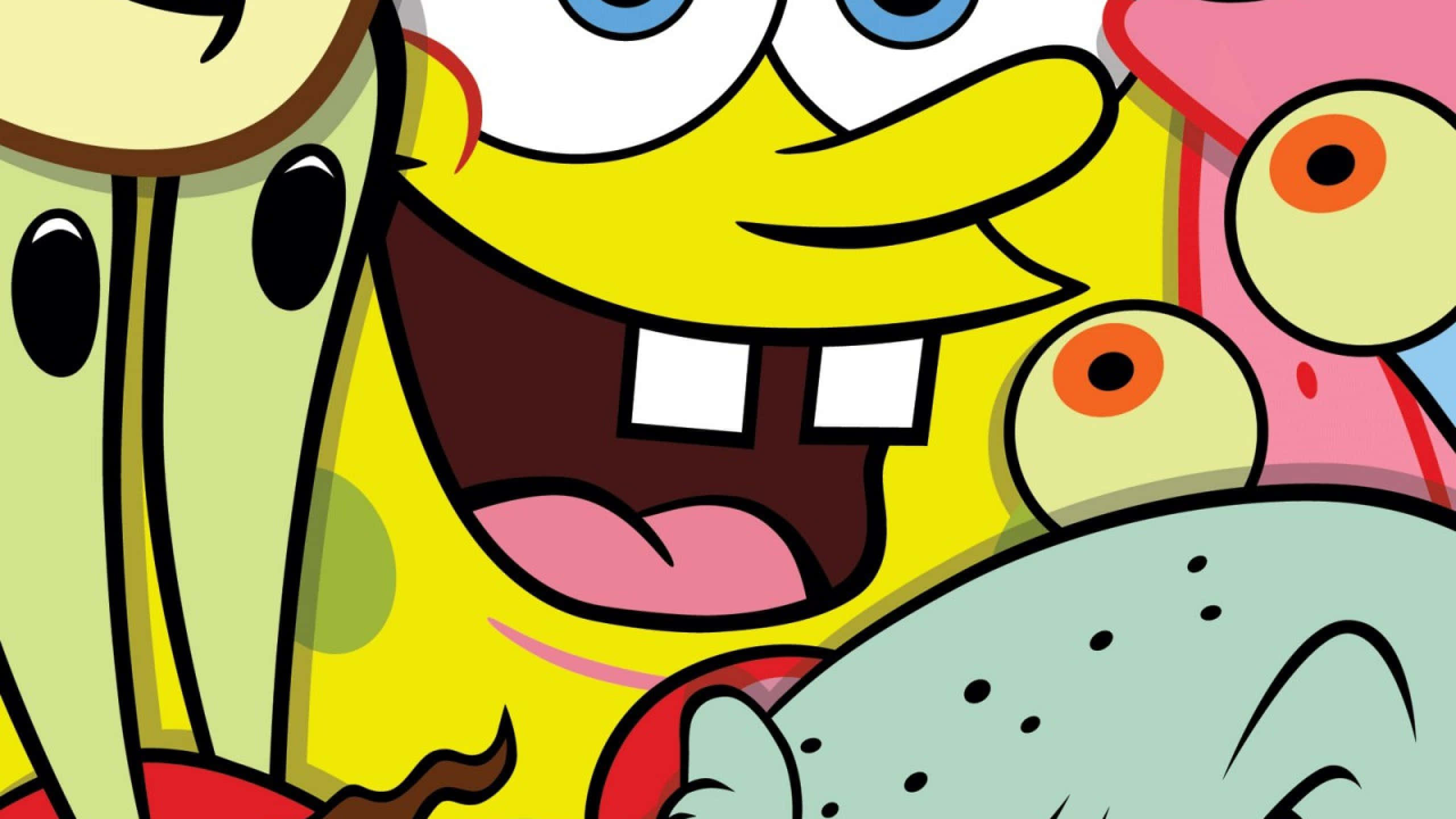 Spongebob Characters 桌布 壁紙 — 海綿寶寶與朋友們在色彩繽紛的卡通特寫中咧嘴大笑。