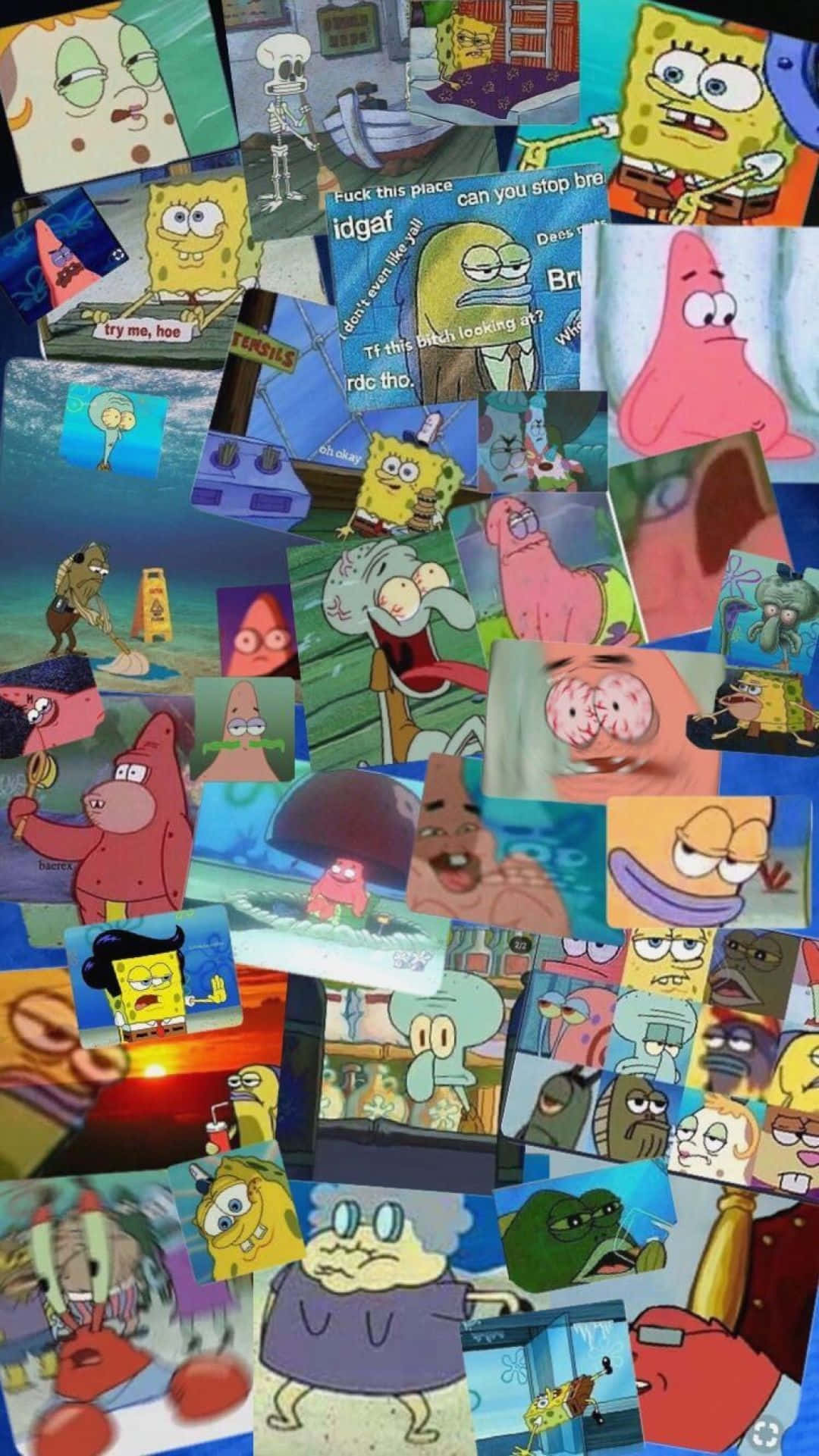 Aesthetic Spongebob 桌布 壁紙 — 海綿寶寶角色以各種迷因格式和表情組成的混亂拼貼畫。