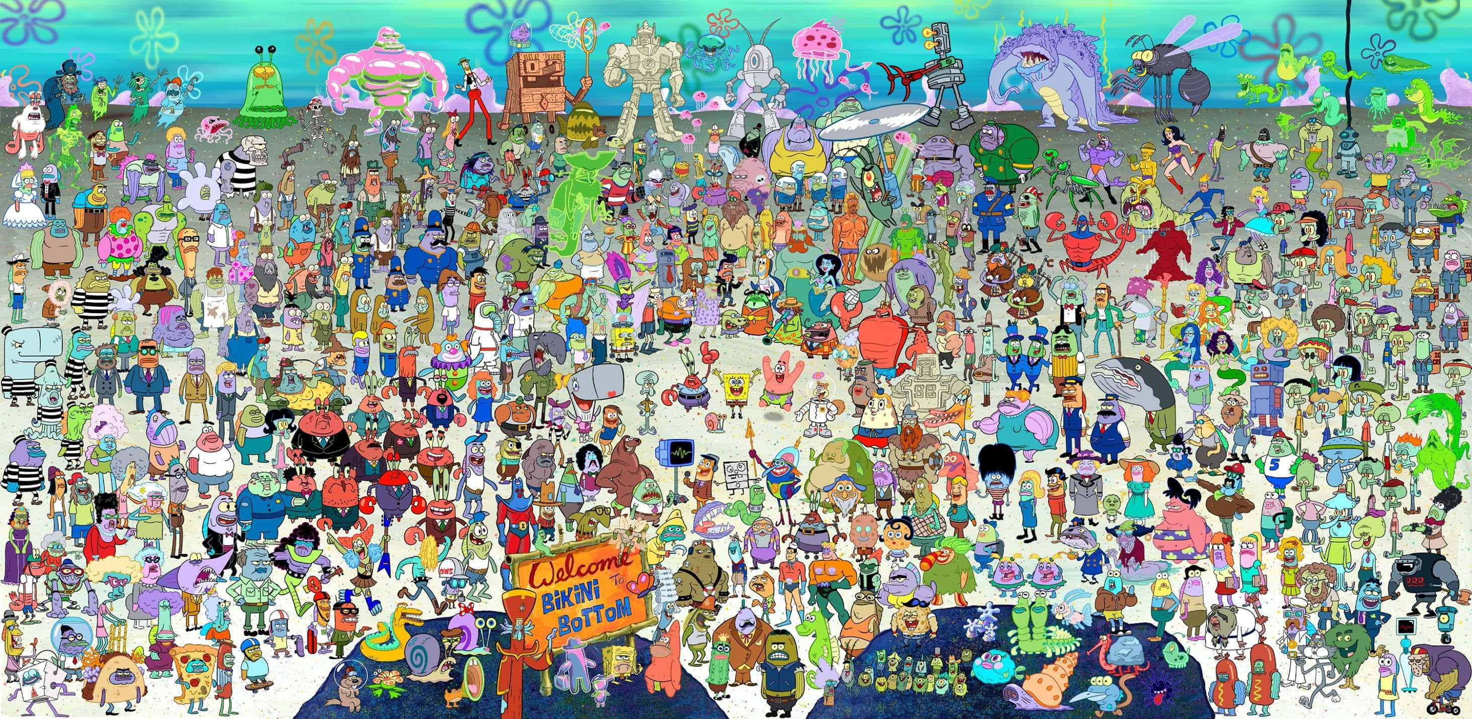 Spongebob Characters 桌布 壁紙 — 海綿寶寶角色的生動卡通人群用色彩繽紛的混亂和異想天開的表情填滿了比奇堡。